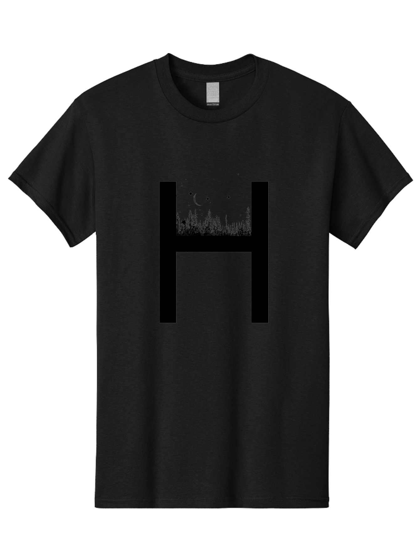 H Men'S Graphic Tee, 100% Cotton, Comfortable Casual Summer Wear, Machine Washable, Forest Landscape, Moonlit Night, Starry Sky, Mystical Atmosphere, Silhouette Art, Typography Design, Nighttime Scenery Aac319