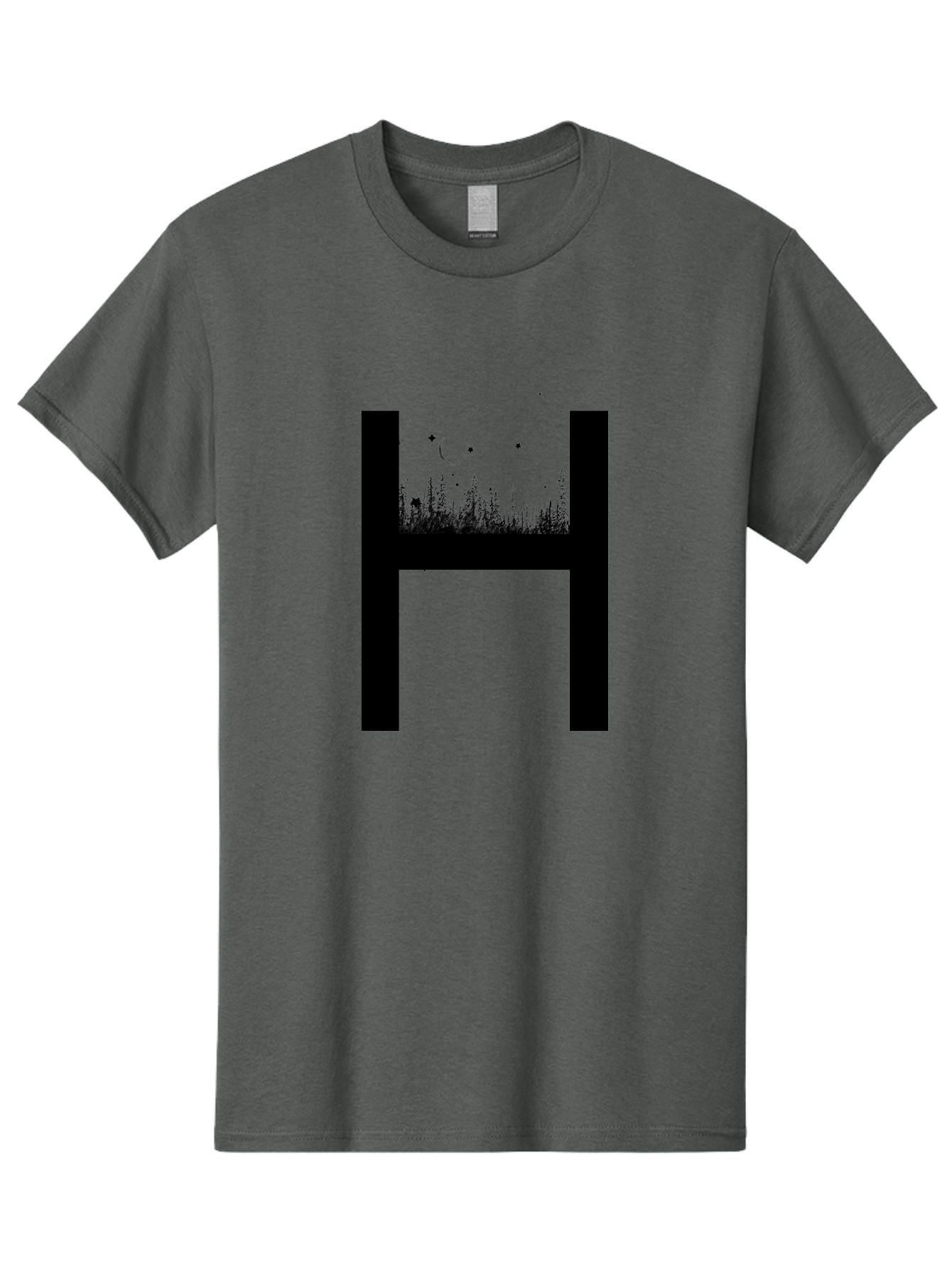 H Men'S Graphic Tee, 100% Cotton, Comfortable Casual Summer Wear, Machine Washable, Forest Landscape, Moonlit Night, Starry Sky, Mystical Atmosphere, Silhouette Art, Typography Design, Nighttime Scenery Aac319