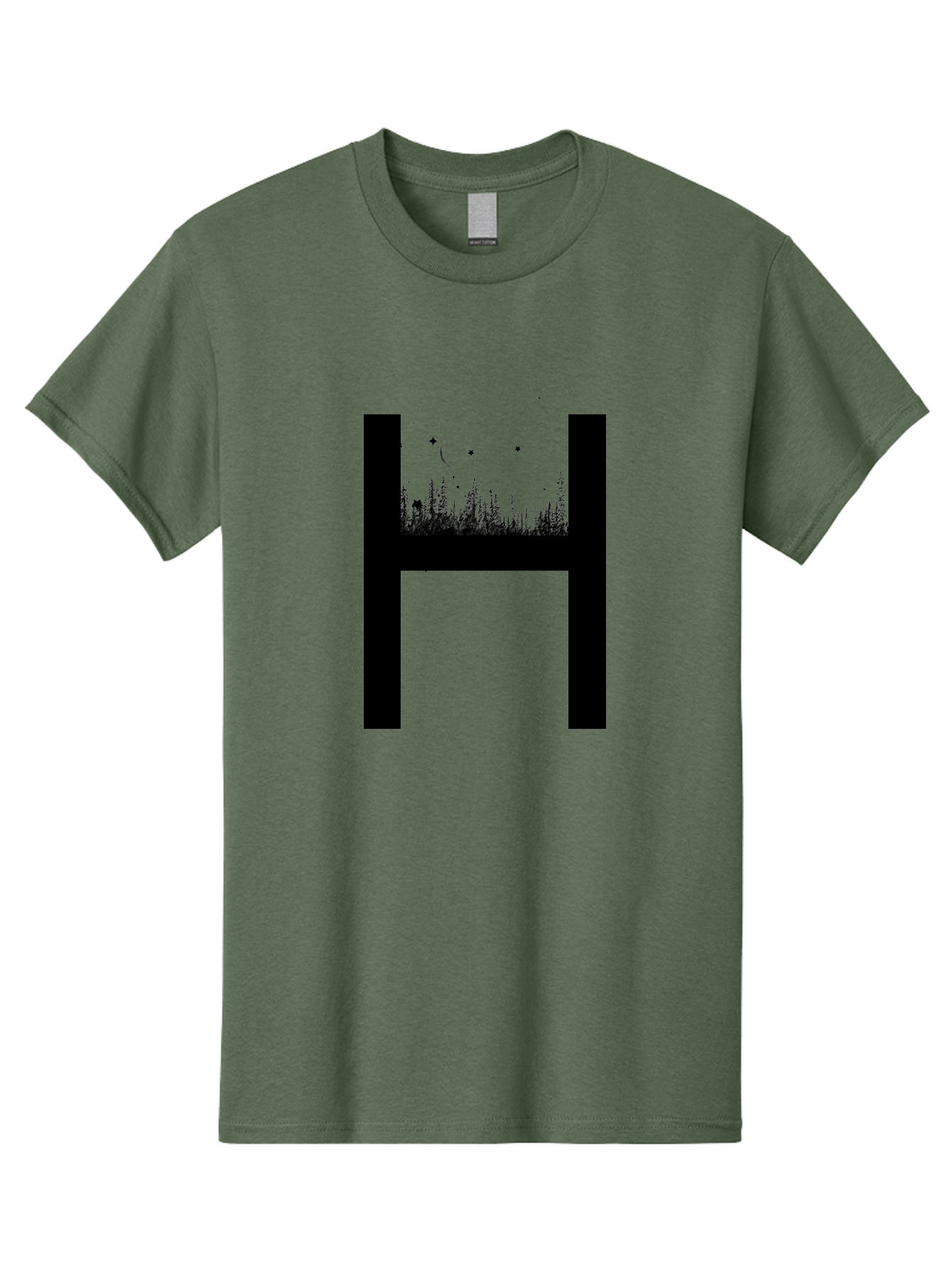 H Men'S Graphic Tee, 100% Cotton, Comfortable Casual Summer Wear, Machine Washable, Forest Landscape, Moonlit Night, Starry Sky, Mystical Atmosphere, Silhouette Art, Typography Design, Nighttime Scenery Aac319