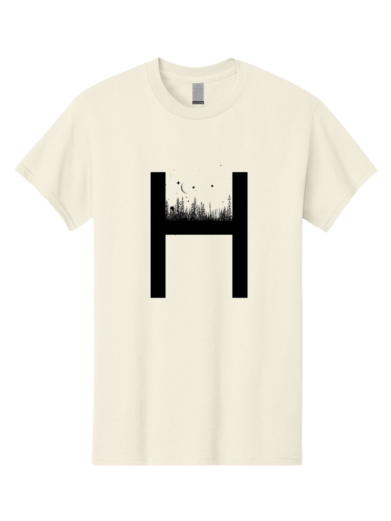 H Men'S Graphic Tee, 100% Cotton, Comfortable Casual Summer Wear, Machine Washable, Forest Landscape, Moonlit Night, Starry Sky, Mystical Atmosphere, Silhouette Art, Typography Design, Nighttime Scenery Aac319