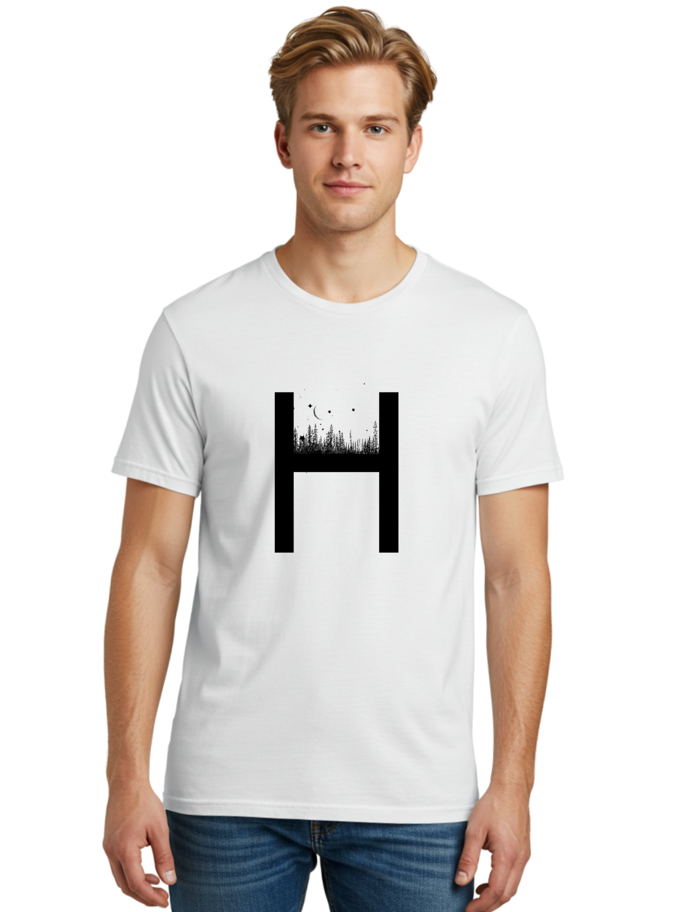 H Men'S Graphic Tee, 100% Cotton, Comfortable Casual Summer Wear, Machine Washable, Forest Landscape, Moonlit Night, Starry Sky, Mystical Atmosphere, Silhouette Art, Typography Design, Nighttime Scenery Aac319