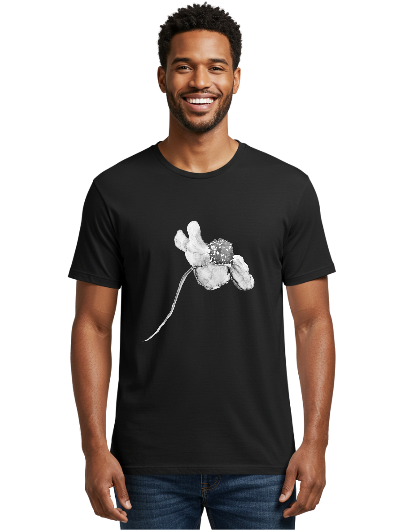 Hand-Drawn-Mouse Men'S Graphic Tee, 100% Cotton, Comfortable Casual Summer Wear, Machine Washable, White Flower, Minimalist Design, Simple Graphics, Digital Illustration, Flower Graphic, Elegant, Modern Art, Clean Lines, Abstract Flower Aac320