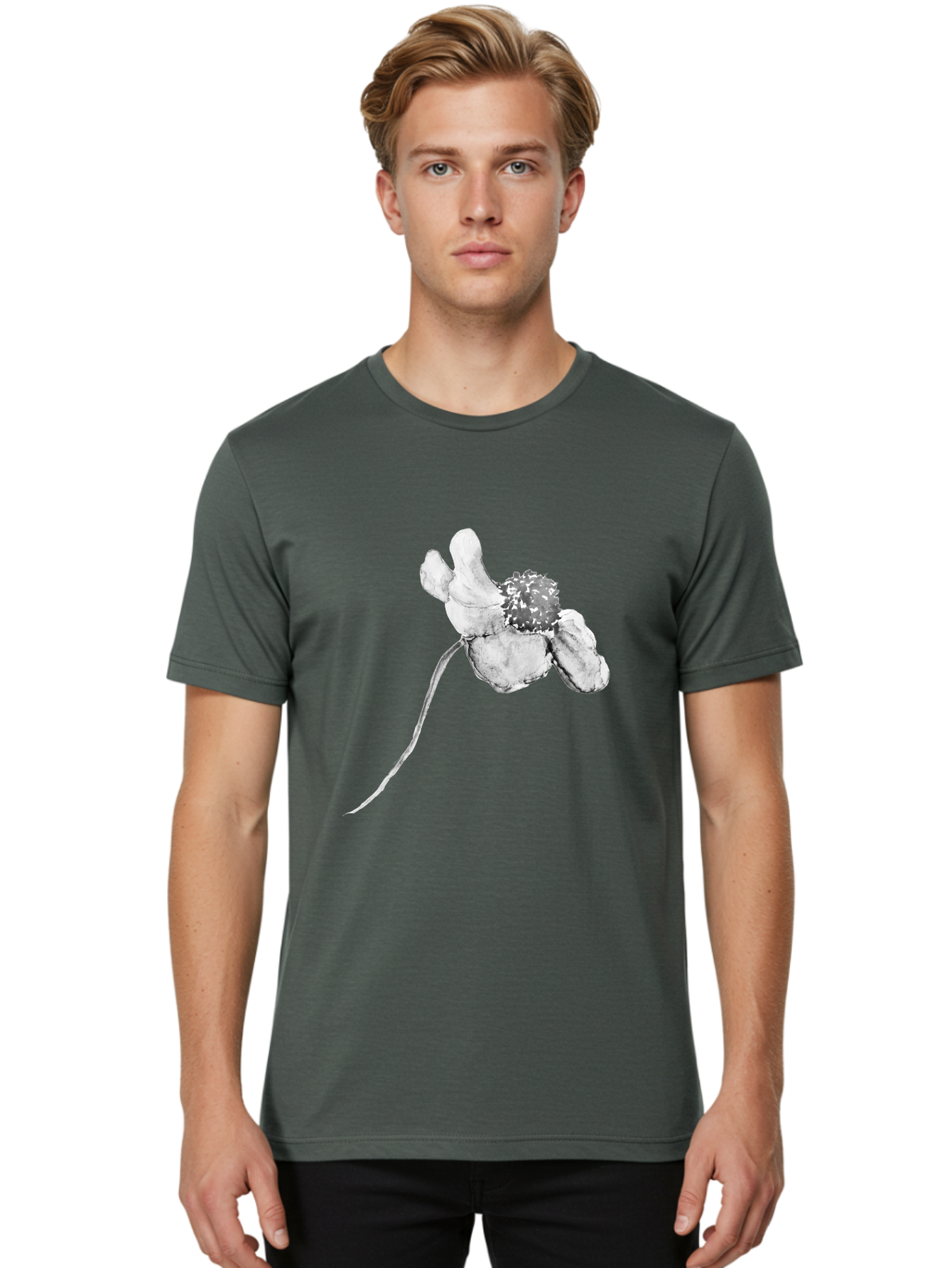 Hand-Drawn-Mouse Men'S Graphic Tee, 100% Cotton, Comfortable Casual Summer Wear, Machine Washable, White Flower, Minimalist Design, Simple Graphics, Digital Illustration, Flower Graphic, Elegant, Modern Art, Clean Lines, Abstract Flower Aac320