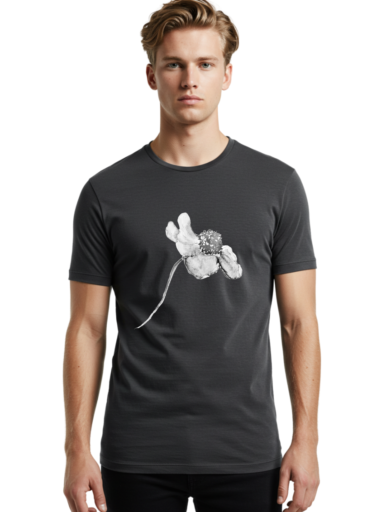 Hand-Drawn-Mouse Men'S Graphic Tee, 100% Cotton, Comfortable Casual Summer Wear, Machine Washable, White Flower, Minimalist Design, Simple Graphics, Digital Illustration, Flower Graphic, Elegant, Modern Art, Clean Lines, Abstract Flower Aac320