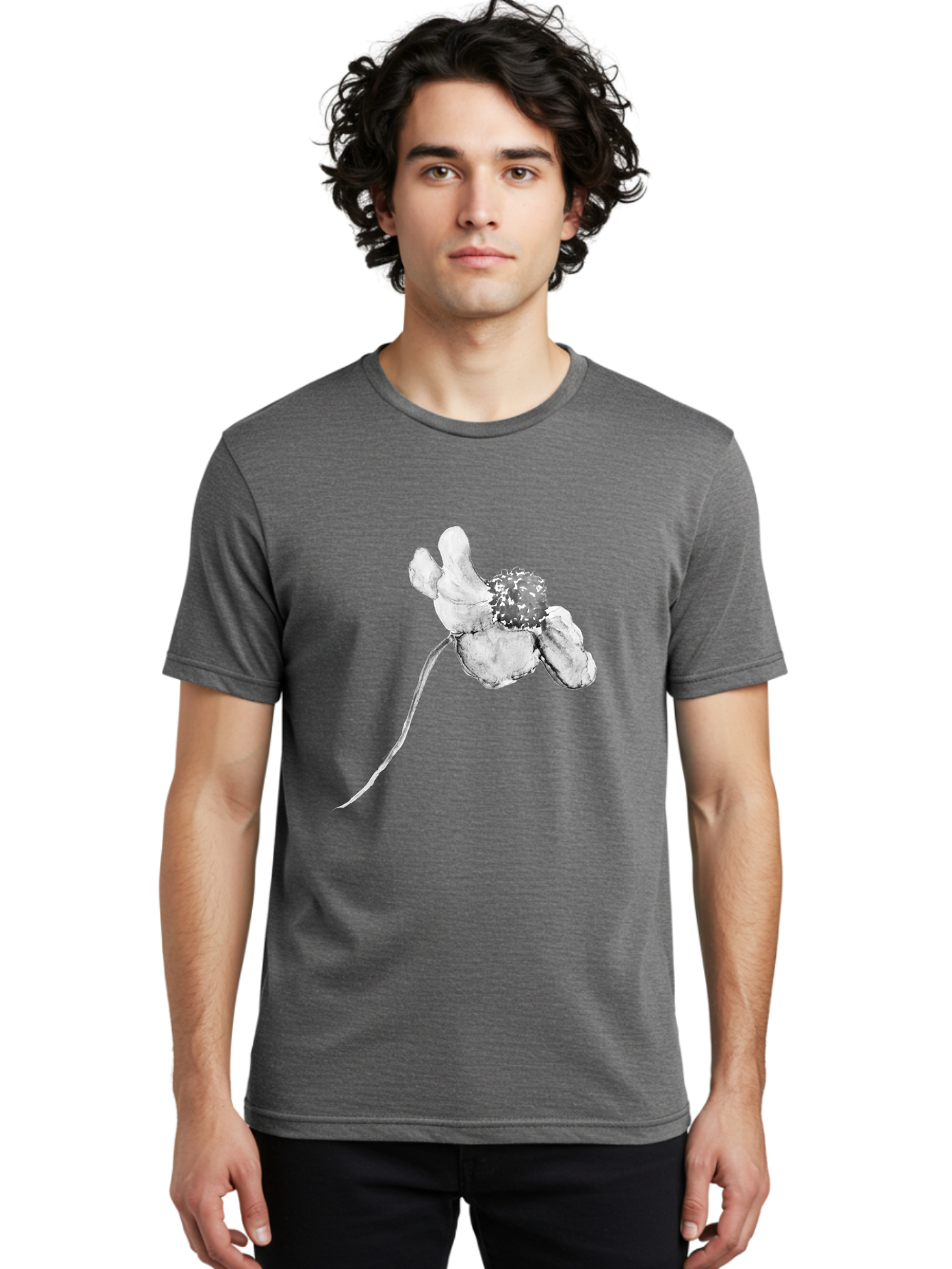 Hand-Drawn-Mouse Men'S Graphic Tee, 100% Cotton, Comfortable Casual Summer Wear, Machine Washable, White Flower, Minimalist Design, Simple Graphics, Digital Illustration, Flower Graphic, Elegant, Modern Art, Clean Lines, Abstract Flower Aac320