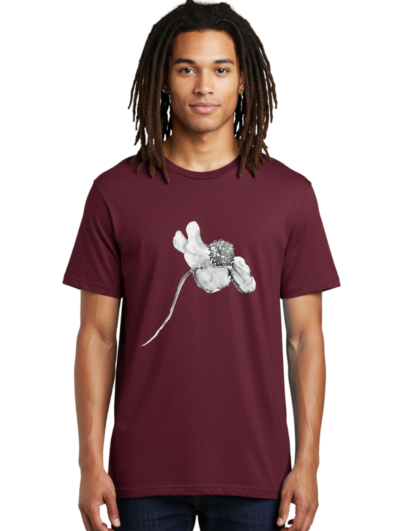 Hand-Drawn-Mouse Men'S Graphic Tee, 100% Cotton, Comfortable Casual Summer Wear, Machine Washable, White Flower, Minimalist Design, Simple Graphics, Digital Illustration, Flower Graphic, Elegant, Modern Art, Clean Lines, Abstract Flower Aac320