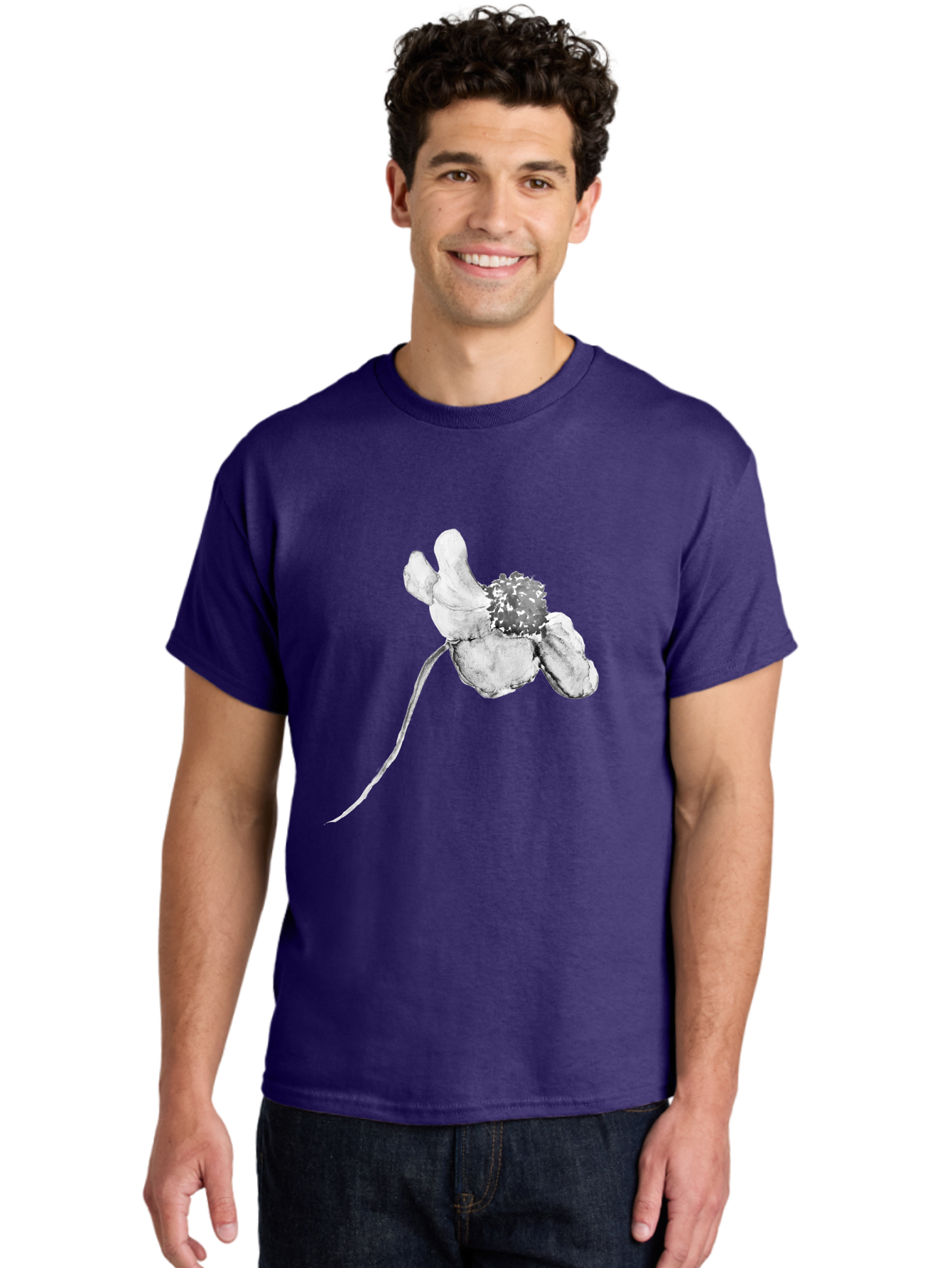 Hand-Drawn-Mouse Men'S Graphic Tee, 100% Cotton, Comfortable Casual Summer Wear, Machine Washable, White Flower, Minimalist Design, Simple Graphics, Digital Illustration, Flower Graphic, Elegant, Modern Art, Clean Lines, Abstract Flower Aac320