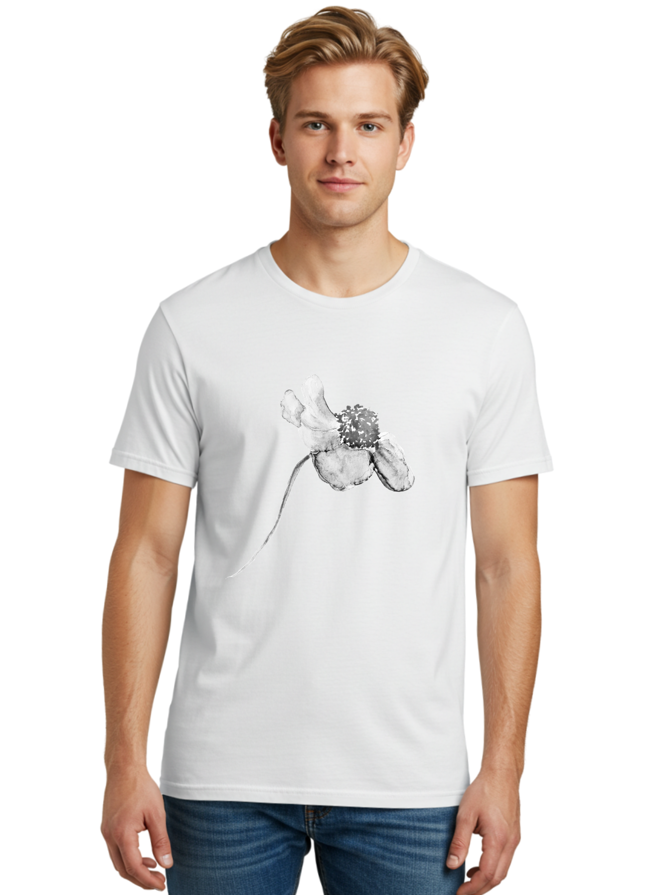 Hand-Drawn-Mouse Men'S Graphic Tee, 100% Cotton, Comfortable Casual Summer Wear, Machine Washable, White Flower, Minimalist Design, Simple Graphics, Digital Illustration, Flower Graphic, Elegant, Modern Art, Clean Lines, Abstract Flower Aac320