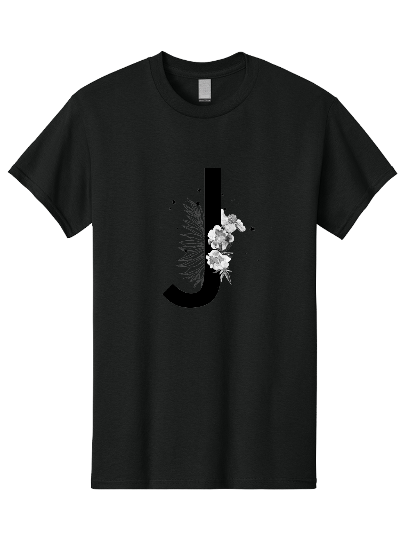 J Men'S Graphic Tee, 100% Cotton, Comfortable Casual Summer Wear, Machine Washable, Black Letter J, Floral Design, White Flowers, Artistic Typography, Elegant Lettering, Decorative Alphabet, Floral Arrangement, Creative Graphics, Aac328