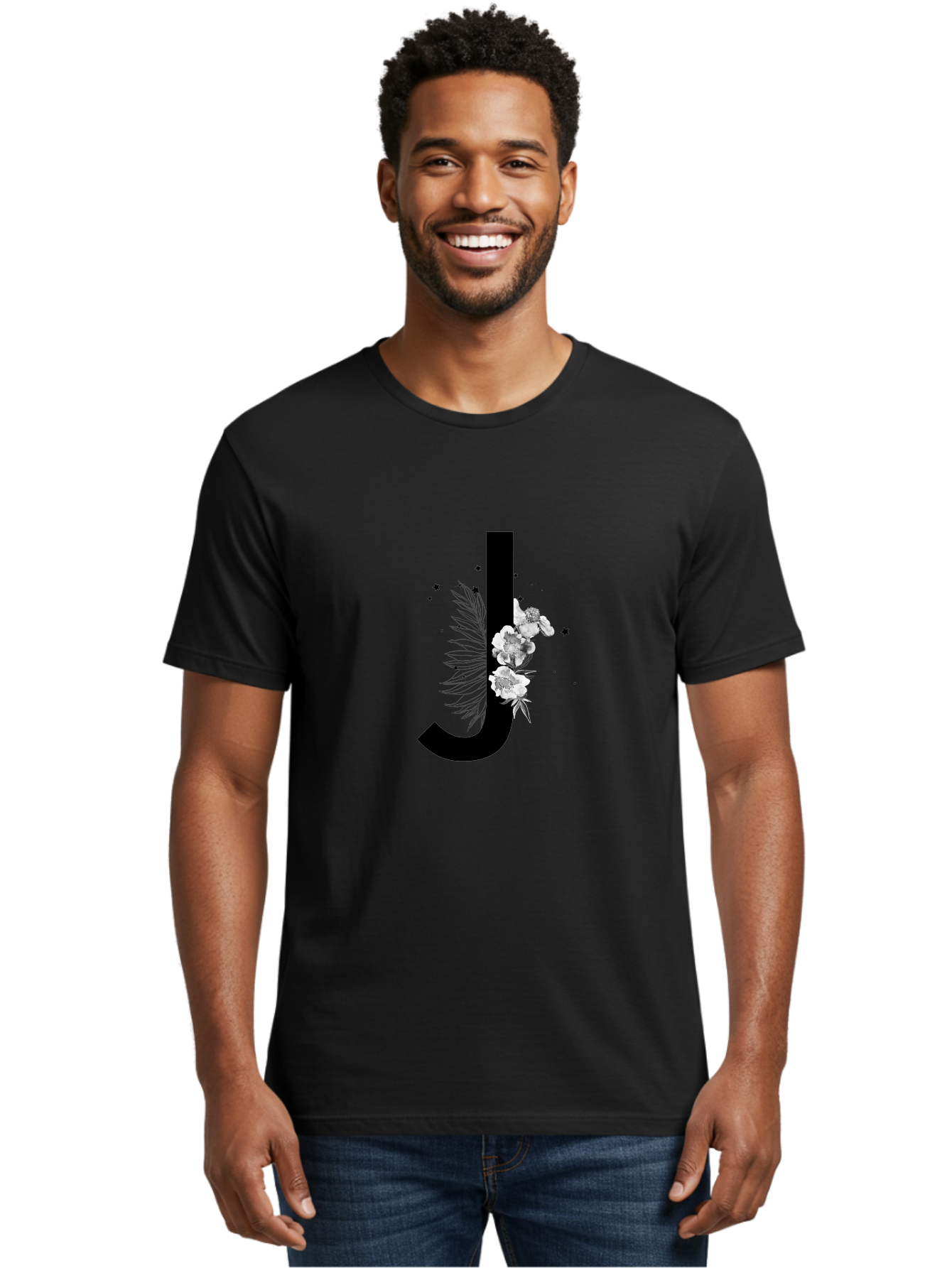 J Men'S Graphic Tee, 100% Cotton, Comfortable Casual Summer Wear, Machine Washable, Black Letter J, Floral Design, White Flowers, Artistic Typography, Elegant Lettering, Decorative Alphabet, Floral Arrangement, Creative Graphics, Aac328