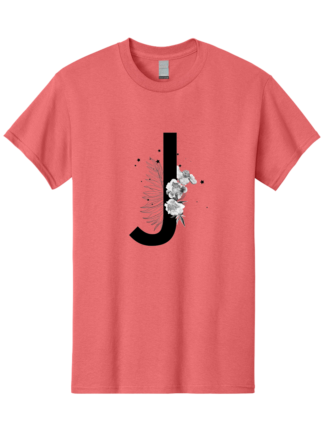 J Men'S Graphic Tee, 100% Cotton, Comfortable Casual Summer Wear, Machine Washable, Black Letter J, Floral Design, White Flowers, Artistic Typography, Elegant Lettering, Decorative Alphabet, Floral Arrangement, Creative Graphics, Aac328