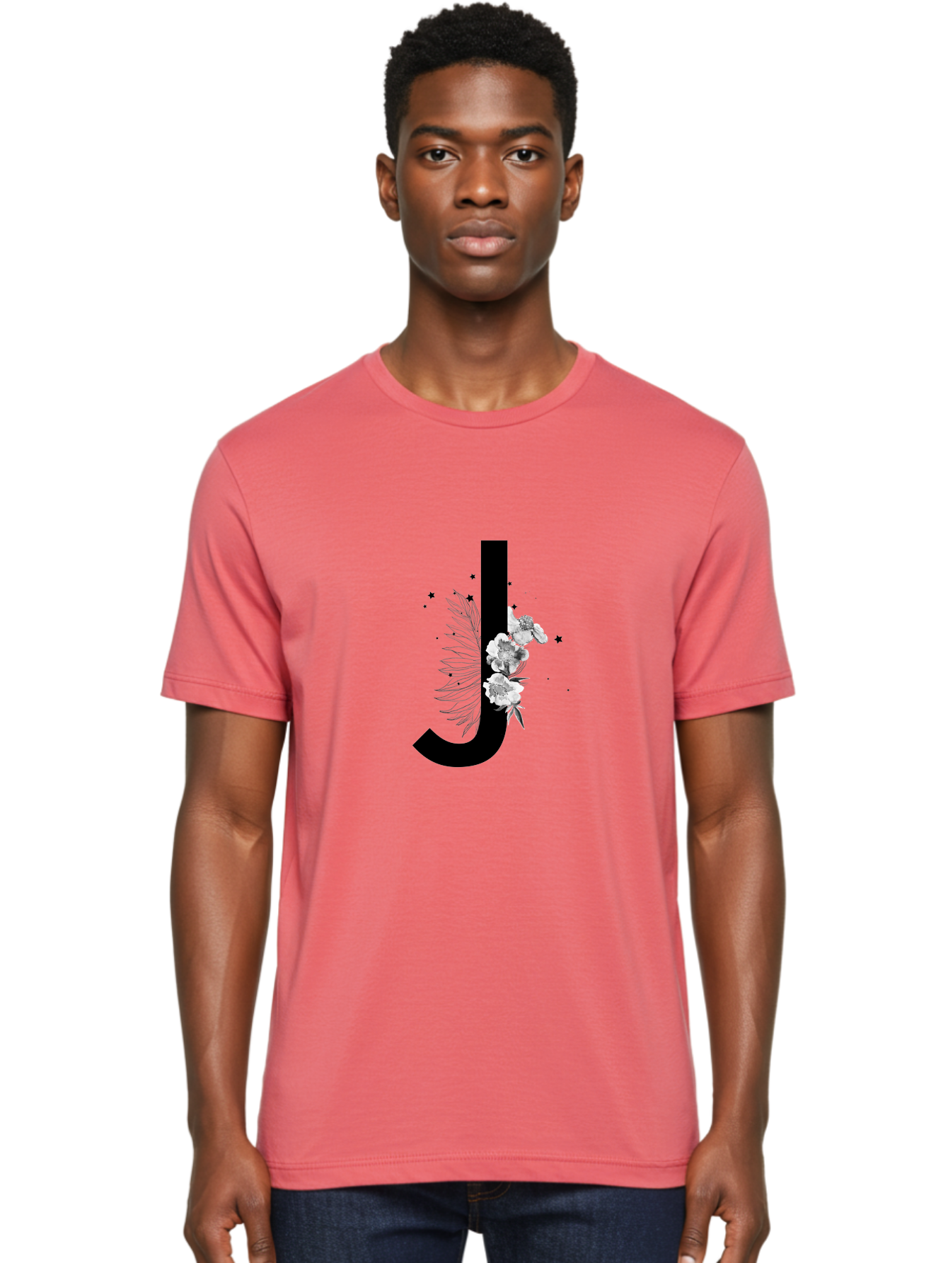 J Men'S Graphic Tee, 100% Cotton, Comfortable Casual Summer Wear, Machine Washable, Black Letter J, Floral Design, White Flowers, Artistic Typography, Elegant Lettering, Decorative Alphabet, Floral Arrangement, Creative Graphics, Aac328