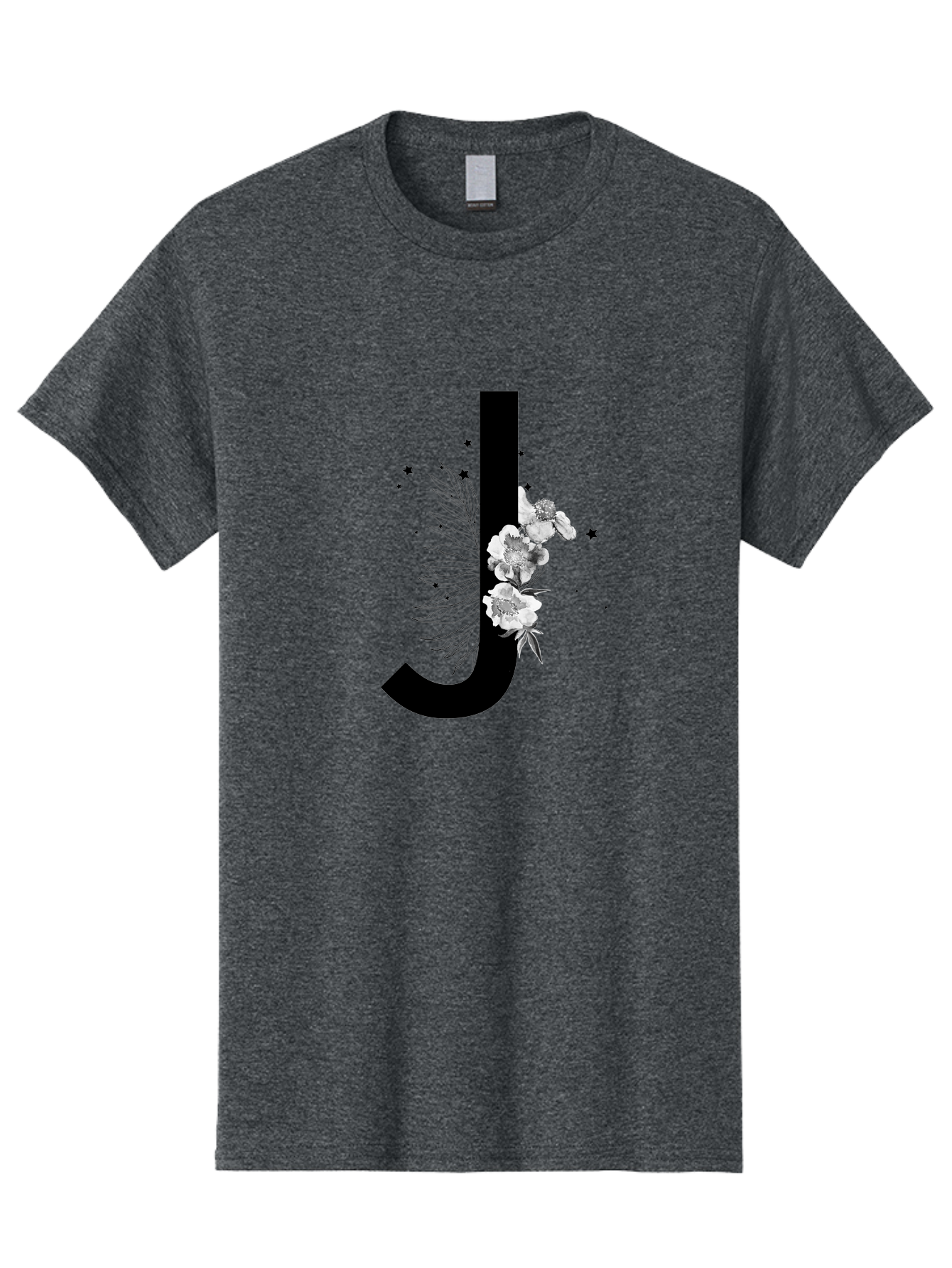 J Men'S Graphic Tee, 100% Cotton, Comfortable Casual Summer Wear, Machine Washable, Black Letter J, Floral Design, White Flowers, Artistic Typography, Elegant Lettering, Decorative Alphabet, Floral Arrangement, Creative Graphics, Aac328