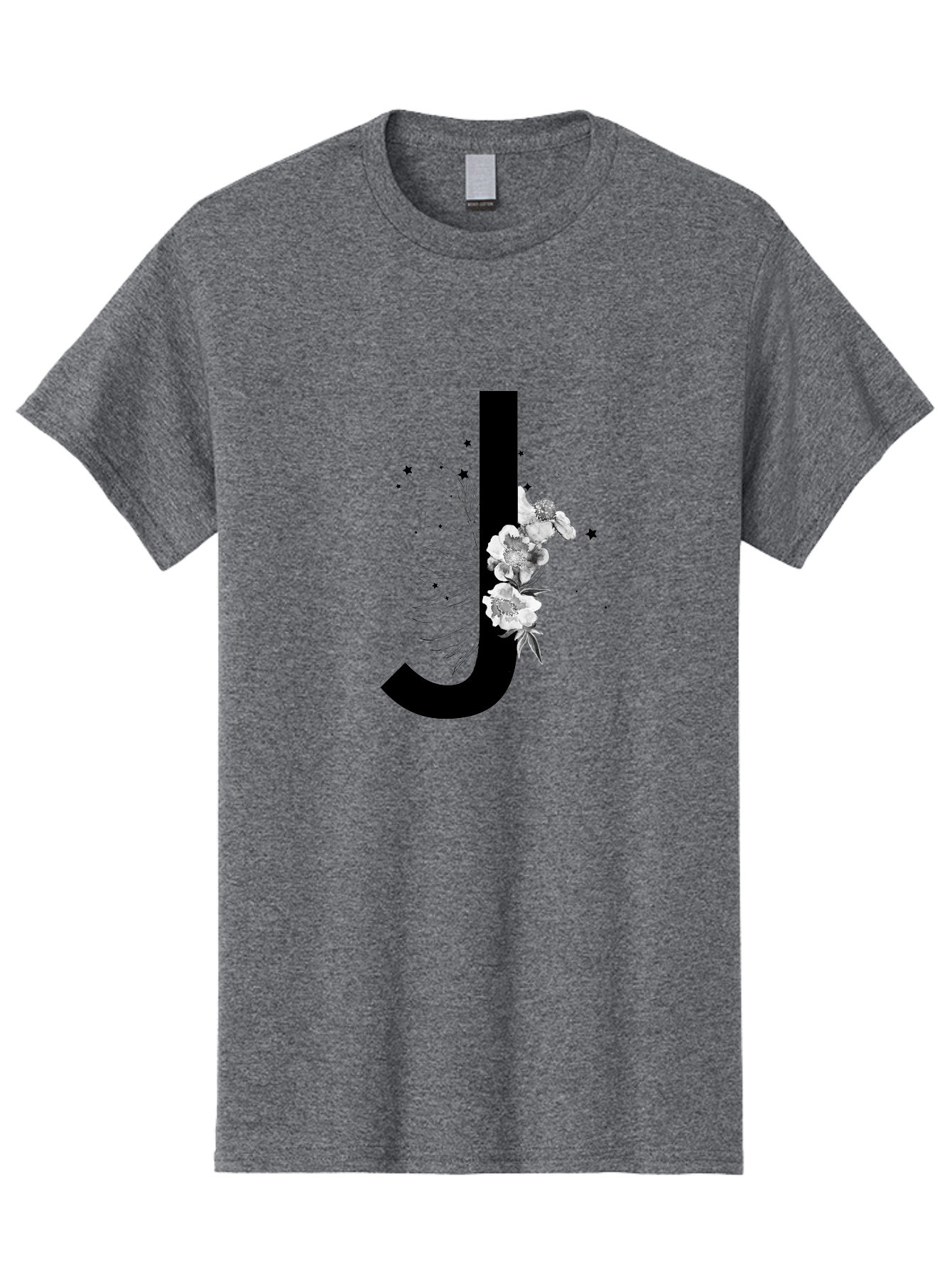 J Men'S Graphic Tee, 100% Cotton, Comfortable Casual Summer Wear, Machine Washable, Black Letter J, Floral Design, White Flowers, Artistic Typography, Elegant Lettering, Decorative Alphabet, Floral Arrangement, Creative Graphics, Aac328