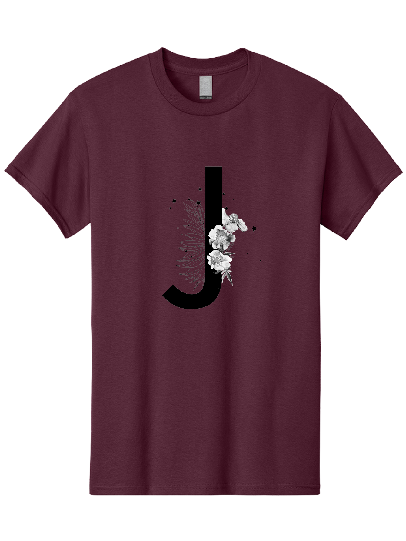 J Men'S Graphic Tee, 100% Cotton, Comfortable Casual Summer Wear, Machine Washable, Black Letter J, Floral Design, White Flowers, Artistic Typography, Elegant Lettering, Decorative Alphabet, Floral Arrangement, Creative Graphics, Aac328