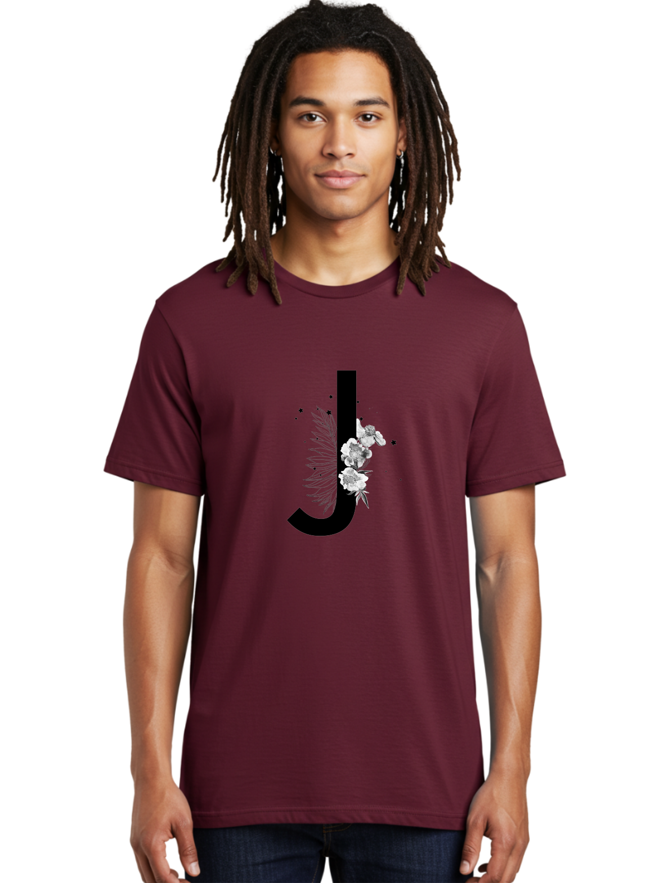 J Men'S Graphic Tee, 100% Cotton, Comfortable Casual Summer Wear, Machine Washable, Black Letter J, Floral Design, White Flowers, Artistic Typography, Elegant Lettering, Decorative Alphabet, Floral Arrangement, Creative Graphics, Aac328