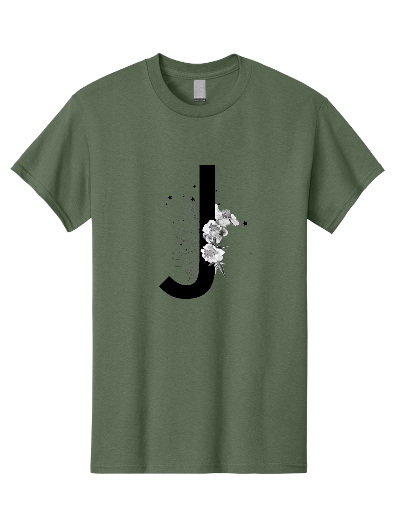 J Men'S Graphic Tee, 100% Cotton, Comfortable Casual Summer Wear, Machine Washable, Black Letter J, Floral Design, White Flowers, Artistic Typography, Elegant Lettering, Decorative Alphabet, Floral Arrangement, Creative Graphics, Aac328