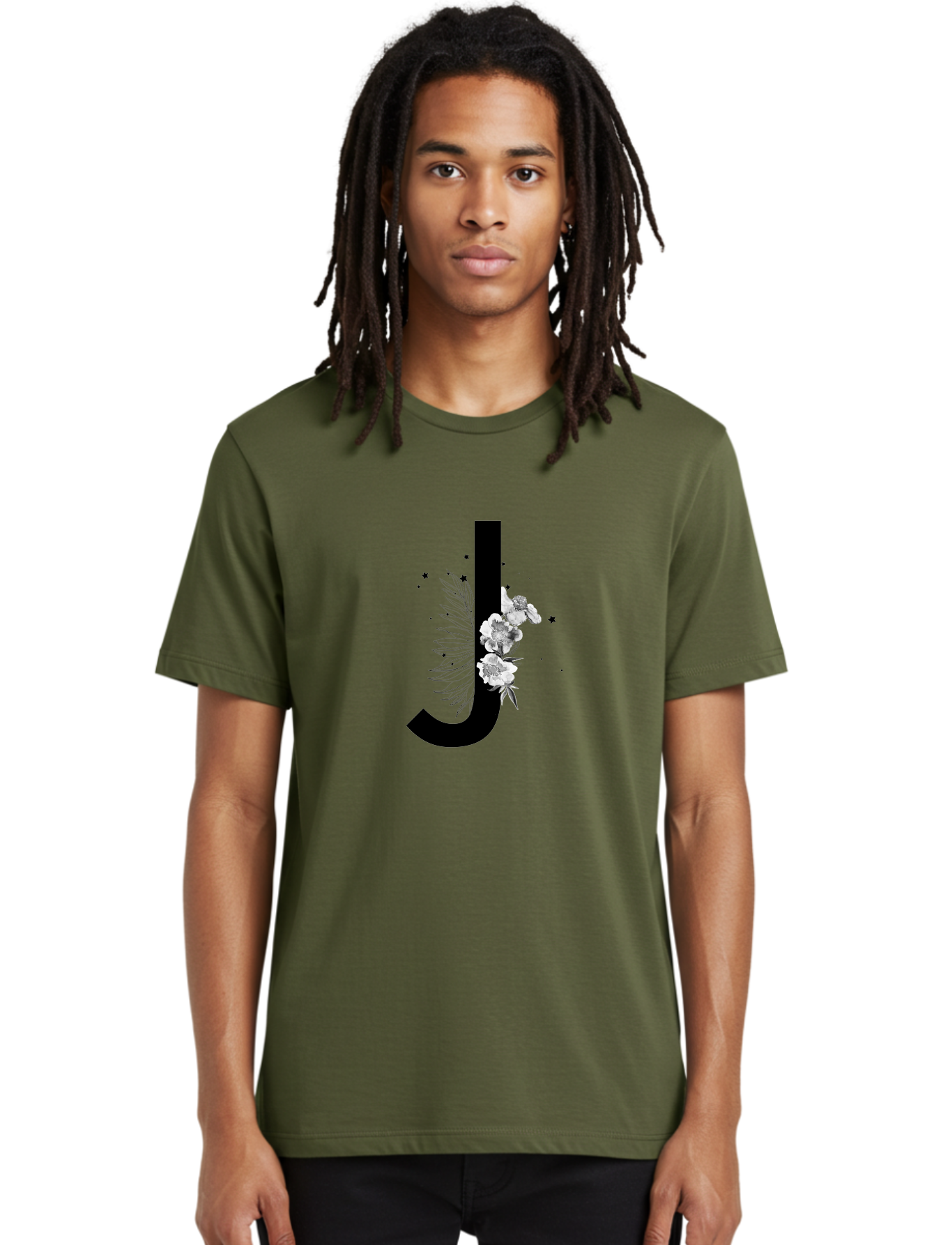 J Men'S Graphic Tee, 100% Cotton, Comfortable Casual Summer Wear, Machine Washable, Black Letter J, Floral Design, White Flowers, Artistic Typography, Elegant Lettering, Decorative Alphabet, Floral Arrangement, Creative Graphics, Aac328