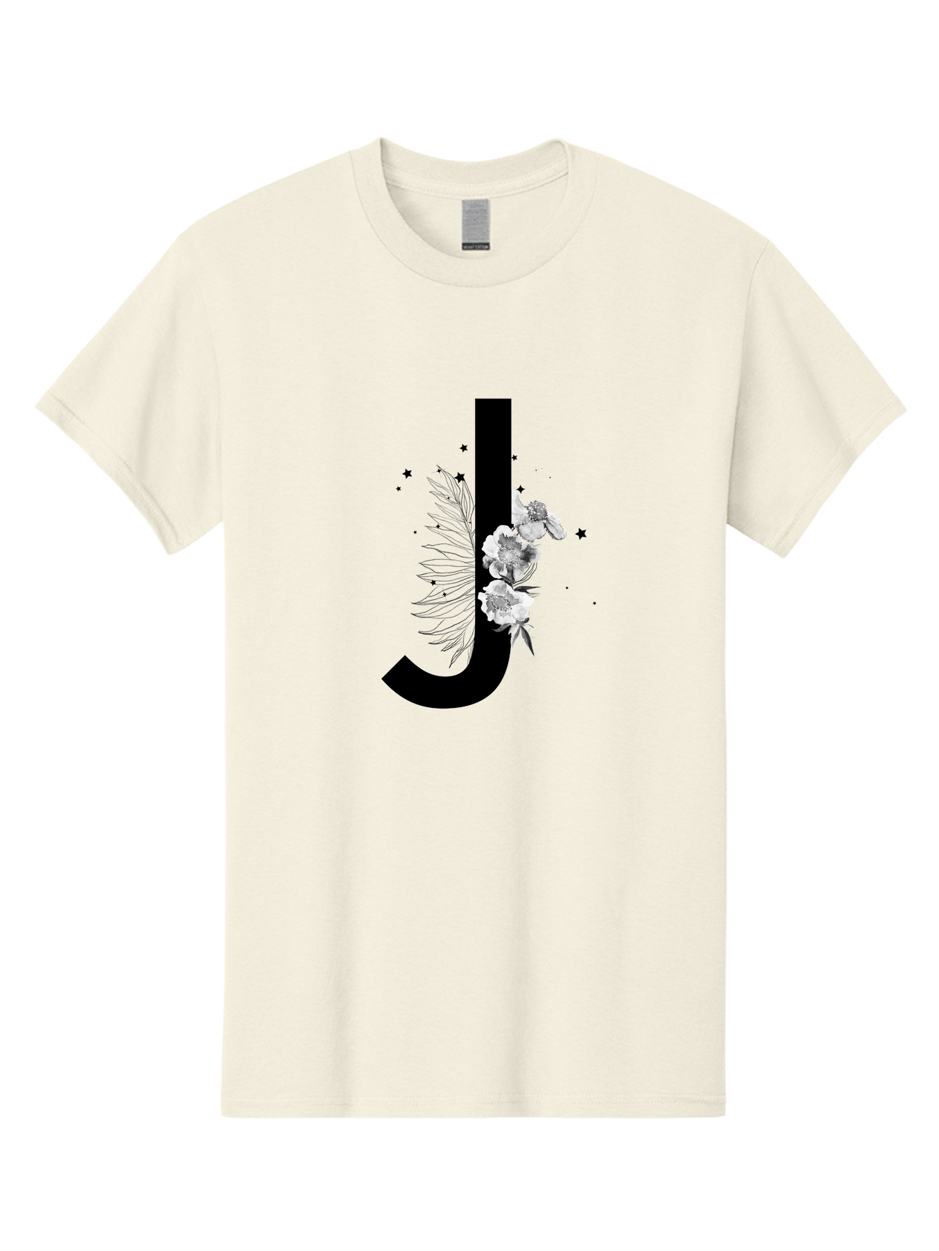 J Men'S Graphic Tee, 100% Cotton, Comfortable Casual Summer Wear, Machine Washable, Black Letter J, Floral Design, White Flowers, Artistic Typography, Elegant Lettering, Decorative Alphabet, Floral Arrangement, Creative Graphics, Aac328