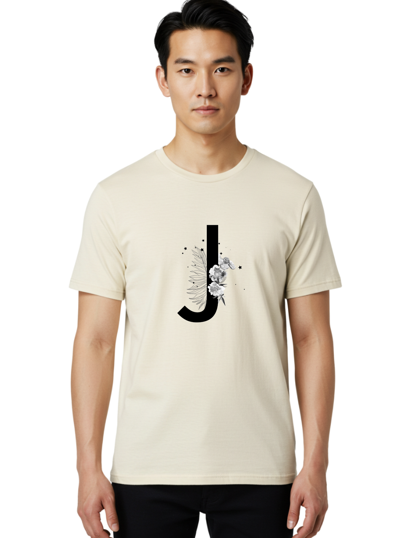 J Men'S Graphic Tee, 100% Cotton, Comfortable Casual Summer Wear, Machine Washable, Black Letter J, Floral Design, White Flowers, Artistic Typography, Elegant Lettering, Decorative Alphabet, Floral Arrangement, Creative Graphics, Aac328
