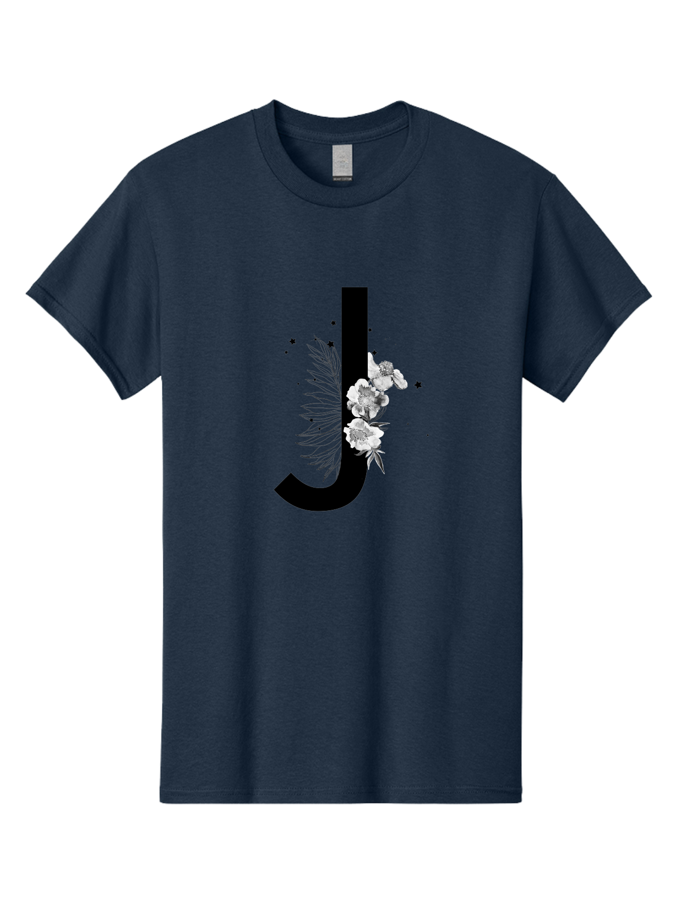 J Men'S Graphic Tee, 100% Cotton, Comfortable Casual Summer Wear, Machine Washable, Black Letter J, Floral Design, White Flowers, Artistic Typography, Elegant Lettering, Decorative Alphabet, Floral Arrangement, Creative Graphics, Aac328