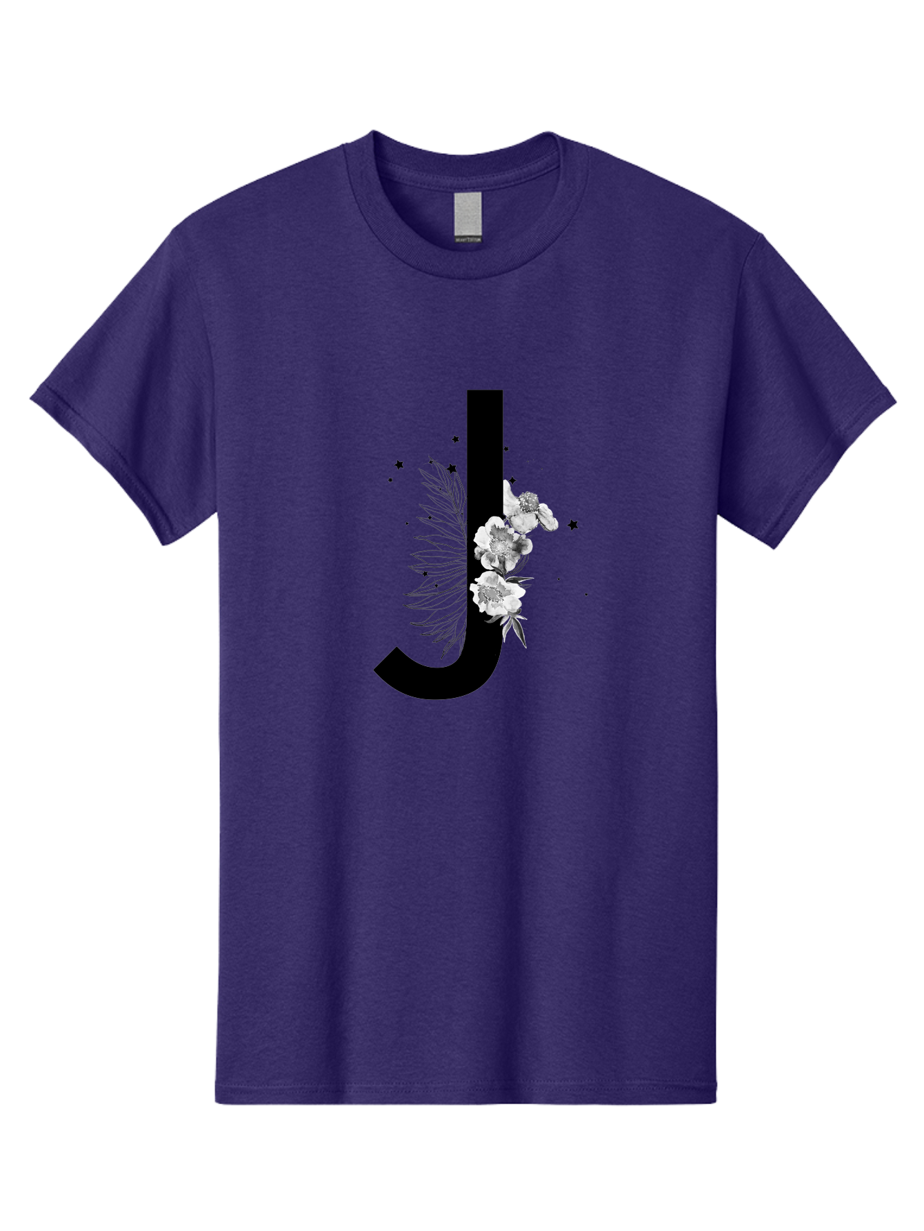 J Men'S Graphic Tee, 100% Cotton, Comfortable Casual Summer Wear, Machine Washable, Black Letter J, Floral Design, White Flowers, Artistic Typography, Elegant Lettering, Decorative Alphabet, Floral Arrangement, Creative Graphics, Aac328