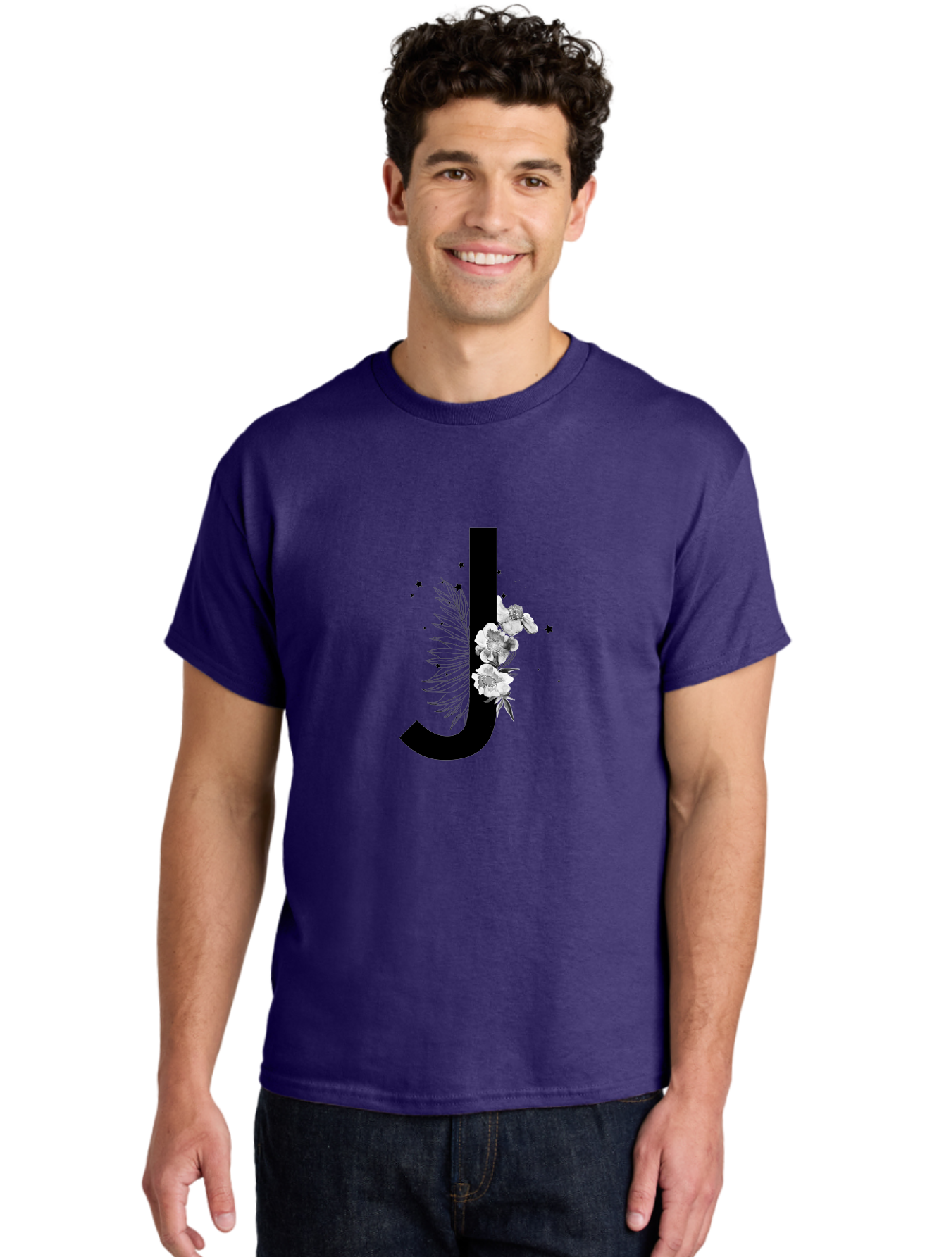 J Men'S Graphic Tee, 100% Cotton, Comfortable Casual Summer Wear, Machine Washable, Black Letter J, Floral Design, White Flowers, Artistic Typography, Elegant Lettering, Decorative Alphabet, Floral Arrangement, Creative Graphics, Aac328