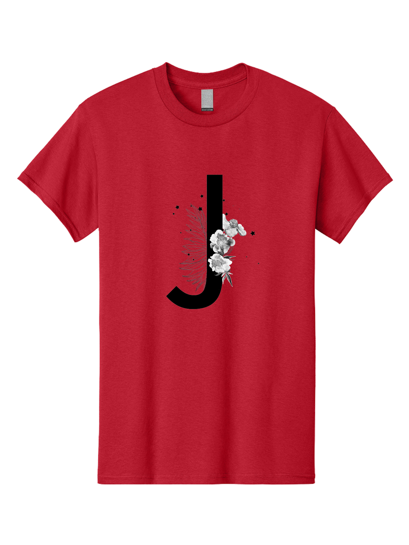 J Men'S Graphic Tee, 100% Cotton, Comfortable Casual Summer Wear, Machine Washable, Black Letter J, Floral Design, White Flowers, Artistic Typography, Elegant Lettering, Decorative Alphabet, Floral Arrangement, Creative Graphics, Aac328
