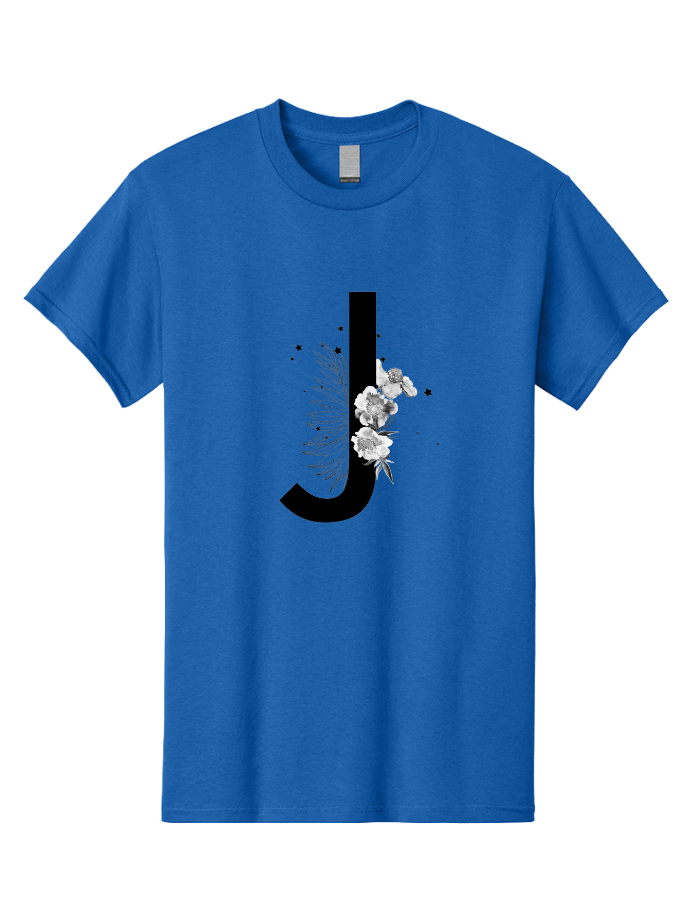 J Men'S Graphic Tee, 100% Cotton, Comfortable Casual Summer Wear, Machine Washable, Black Letter J, Floral Design, White Flowers, Artistic Typography, Elegant Lettering, Decorative Alphabet, Floral Arrangement, Creative Graphics, Aac328