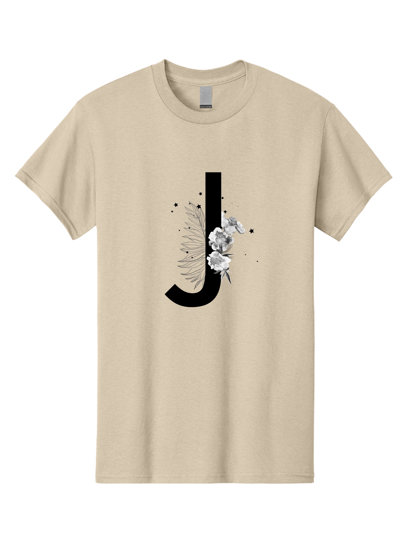 J Men'S Graphic Tee, 100% Cotton, Comfortable Casual Summer Wear, Machine Washable, Black Letter J, Floral Design, White Flowers, Artistic Typography, Elegant Lettering, Decorative Alphabet, Floral Arrangement, Creative Graphics, Aac328