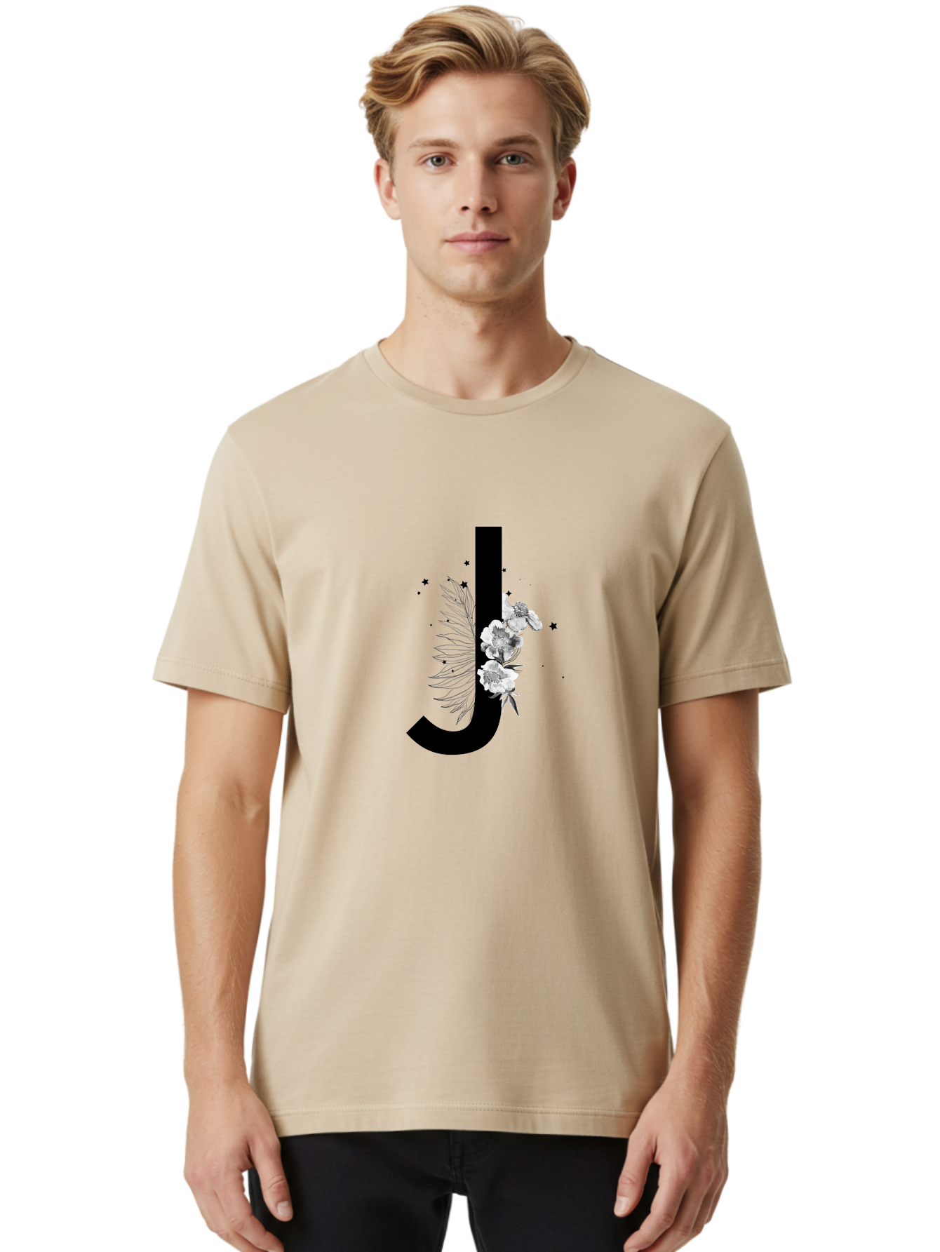 J Men'S Graphic Tee, 100% Cotton, Comfortable Casual Summer Wear, Machine Washable, Black Letter J, Floral Design, White Flowers, Artistic Typography, Elegant Lettering, Decorative Alphabet, Floral Arrangement, Creative Graphics, Aac328