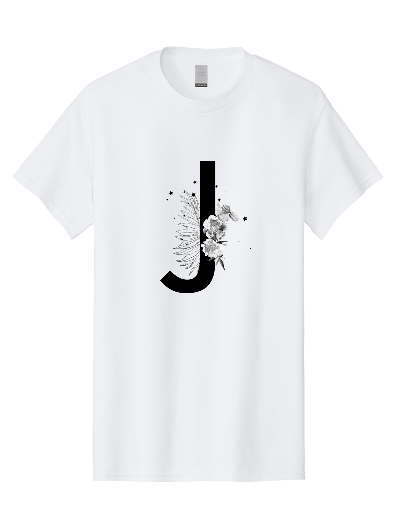 J Men'S Graphic Tee, 100% Cotton, Comfortable Casual Summer Wear, Machine Washable, Black Letter J, Floral Design, White Flowers, Artistic Typography, Elegant Lettering, Decorative Alphabet, Floral Arrangement, Creative Graphics, Aac328