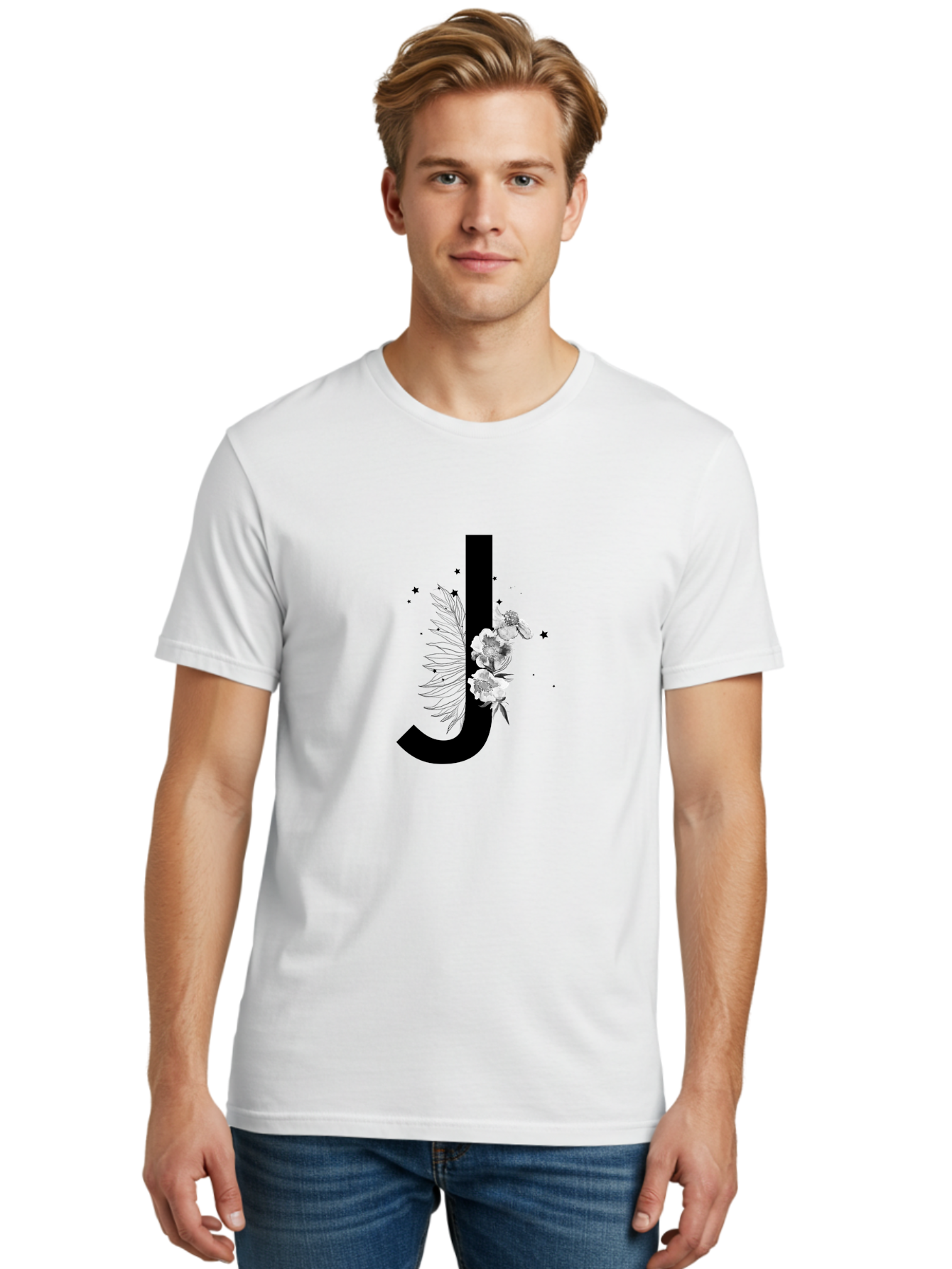 J Men'S Graphic Tee, 100% Cotton, Comfortable Casual Summer Wear, Machine Washable, Black Letter J, Floral Design, White Flowers, Artistic Typography, Elegant Lettering, Decorative Alphabet, Floral Arrangement, Creative Graphics, Aac328