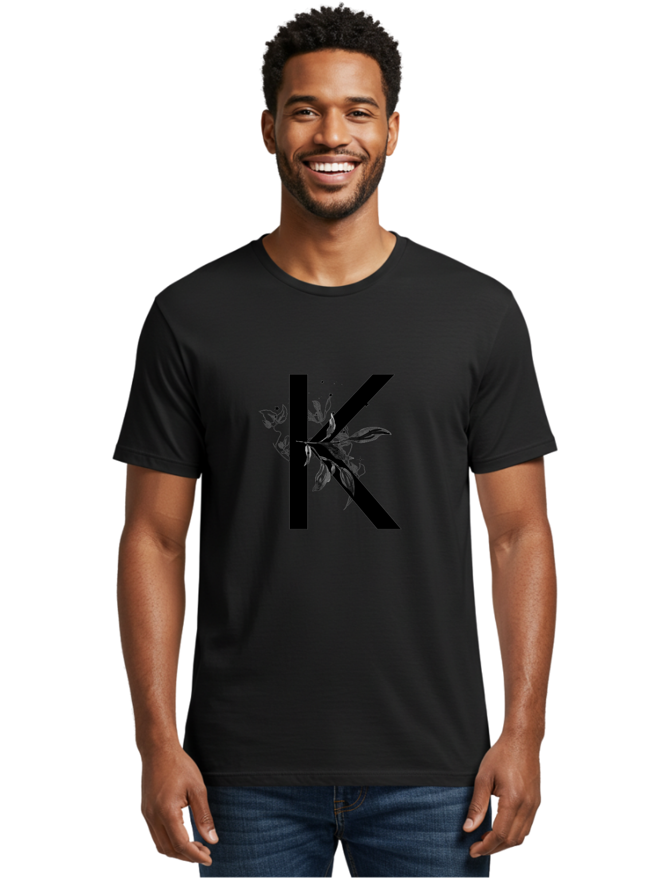 K Men'S Graphic Tee, 100% Cotton, Comfortable Casual Summer Wear, Machine Washable, Floral Letter K, Black Lettering, Leafy Design, Botanical Elements, Elegant Typography, Decorative Alphabet, Modern Floral Aac329