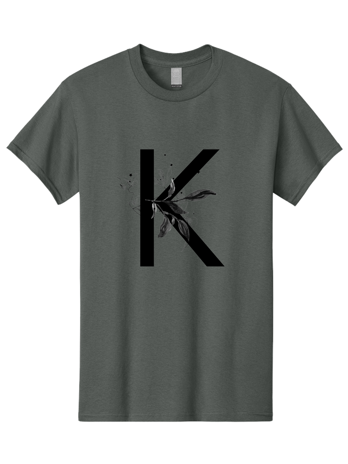K Men'S Graphic Tee, 100% Cotton, Comfortable Casual Summer Wear, Machine Washable, Floral Letter K, Black Lettering, Leafy Design, Botanical Elements, Elegant Typography, Decorative Alphabet, Modern Floral Aac329
