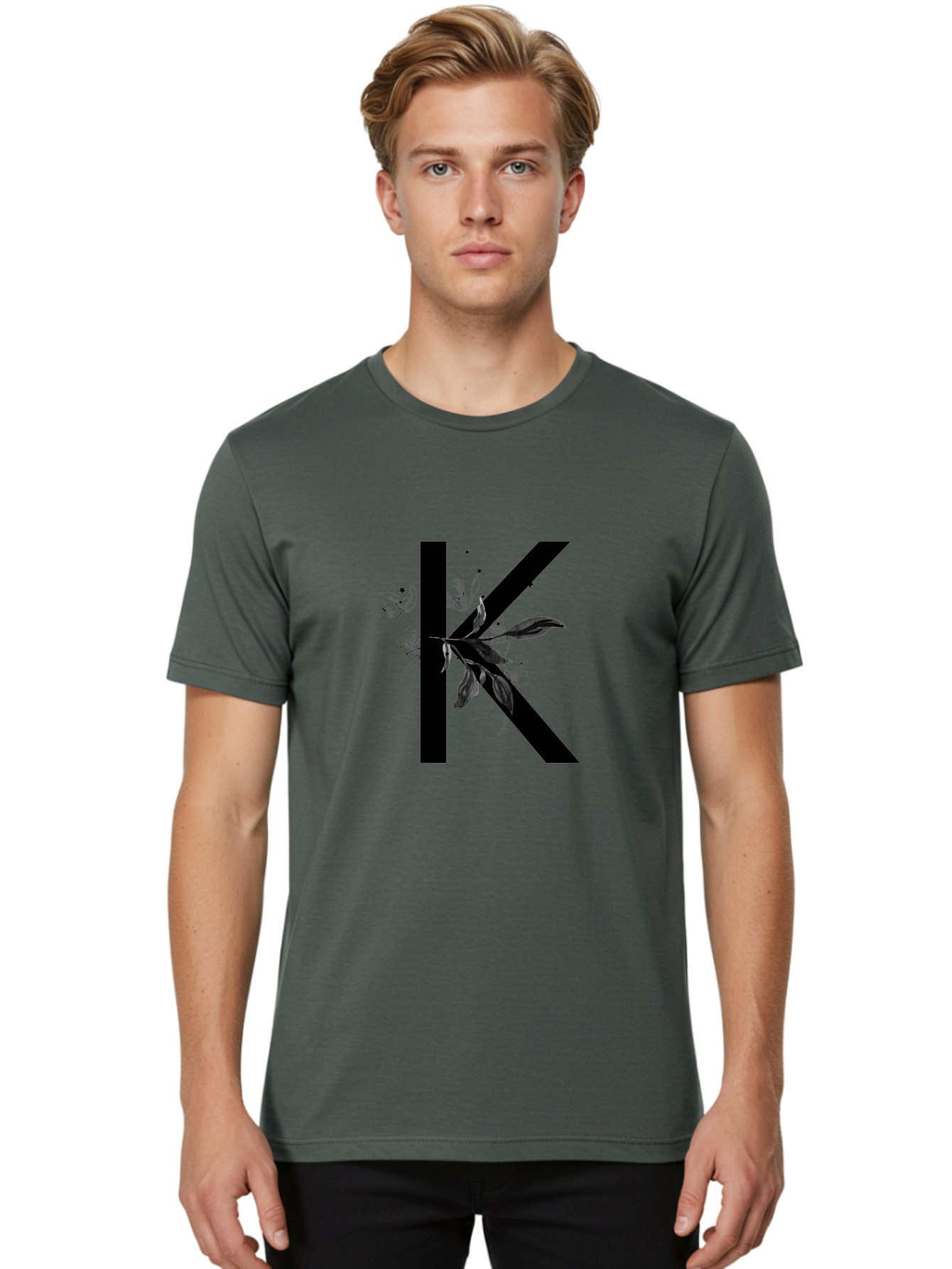 K Men'S Graphic Tee, 100% Cotton, Comfortable Casual Summer Wear, Machine Washable, Floral Letter K, Black Lettering, Leafy Design, Botanical Elements, Elegant Typography, Decorative Alphabet, Modern Floral Aac329