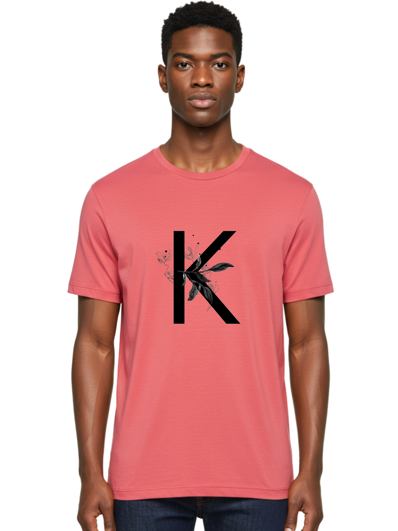 K Men'S Graphic Tee, 100% Cotton, Comfortable Casual Summer Wear, Machine Washable, Floral Letter K, Black Lettering, Leafy Design, Botanical Elements, Elegant Typography, Decorative Alphabet, Modern Floral Aac329