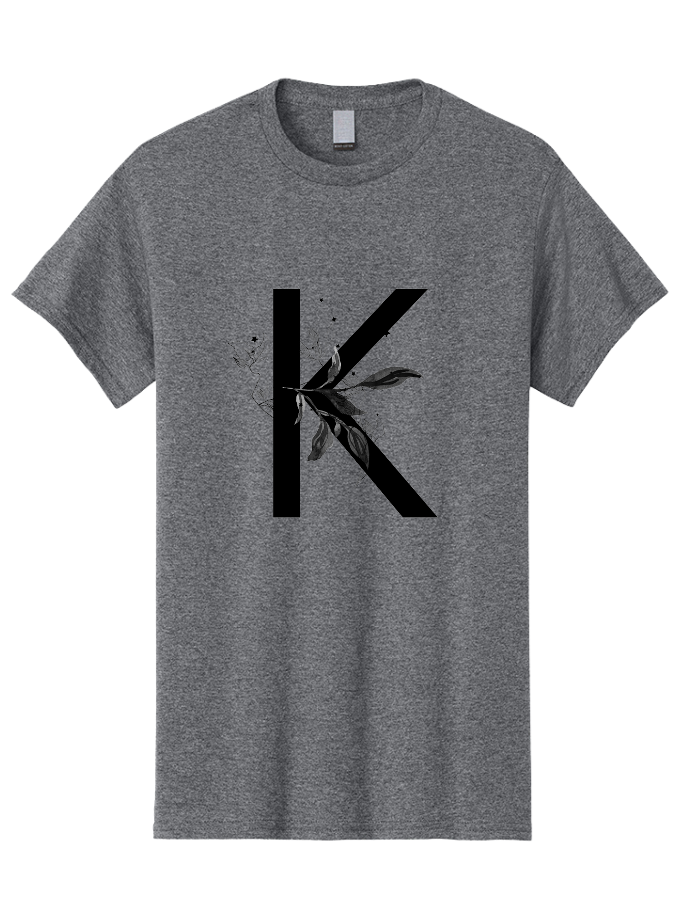 K Men'S Graphic Tee, 100% Cotton, Comfortable Casual Summer Wear, Machine Washable, Floral Letter K, Black Lettering, Leafy Design, Botanical Elements, Elegant Typography, Decorative Alphabet, Modern Floral Aac329