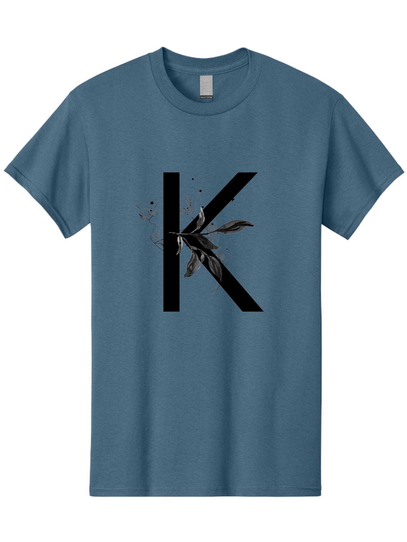 K Men'S Graphic Tee, 100% Cotton, Comfortable Casual Summer Wear, Machine Washable, Floral Letter K, Black Lettering, Leafy Design, Botanical Elements, Elegant Typography, Decorative Alphabet, Modern Floral Aac329