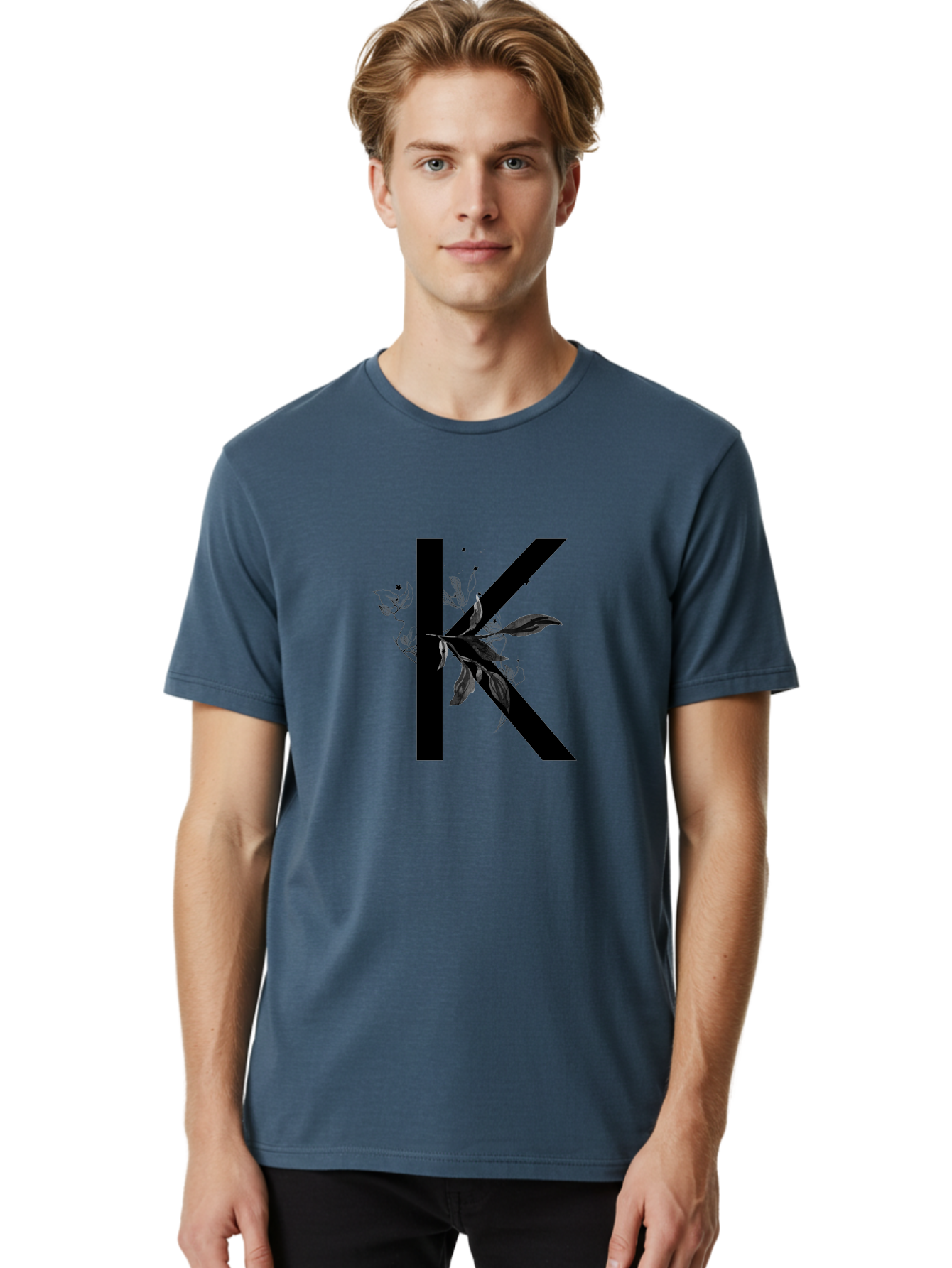 K Men'S Graphic Tee, 100% Cotton, Comfortable Casual Summer Wear, Machine Washable, Floral Letter K, Black Lettering, Leafy Design, Botanical Elements, Elegant Typography, Decorative Alphabet, Modern Floral Aac329