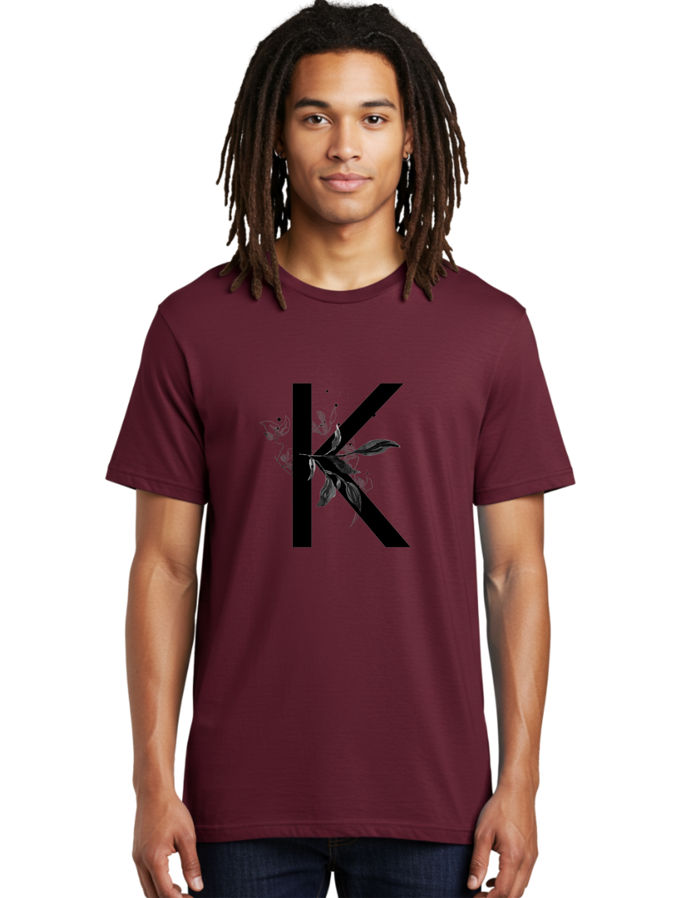K Men'S Graphic Tee, 100% Cotton, Comfortable Casual Summer Wear, Machine Washable, Floral Letter K, Black Lettering, Leafy Design, Botanical Elements, Elegant Typography, Decorative Alphabet, Modern Floral Aac329