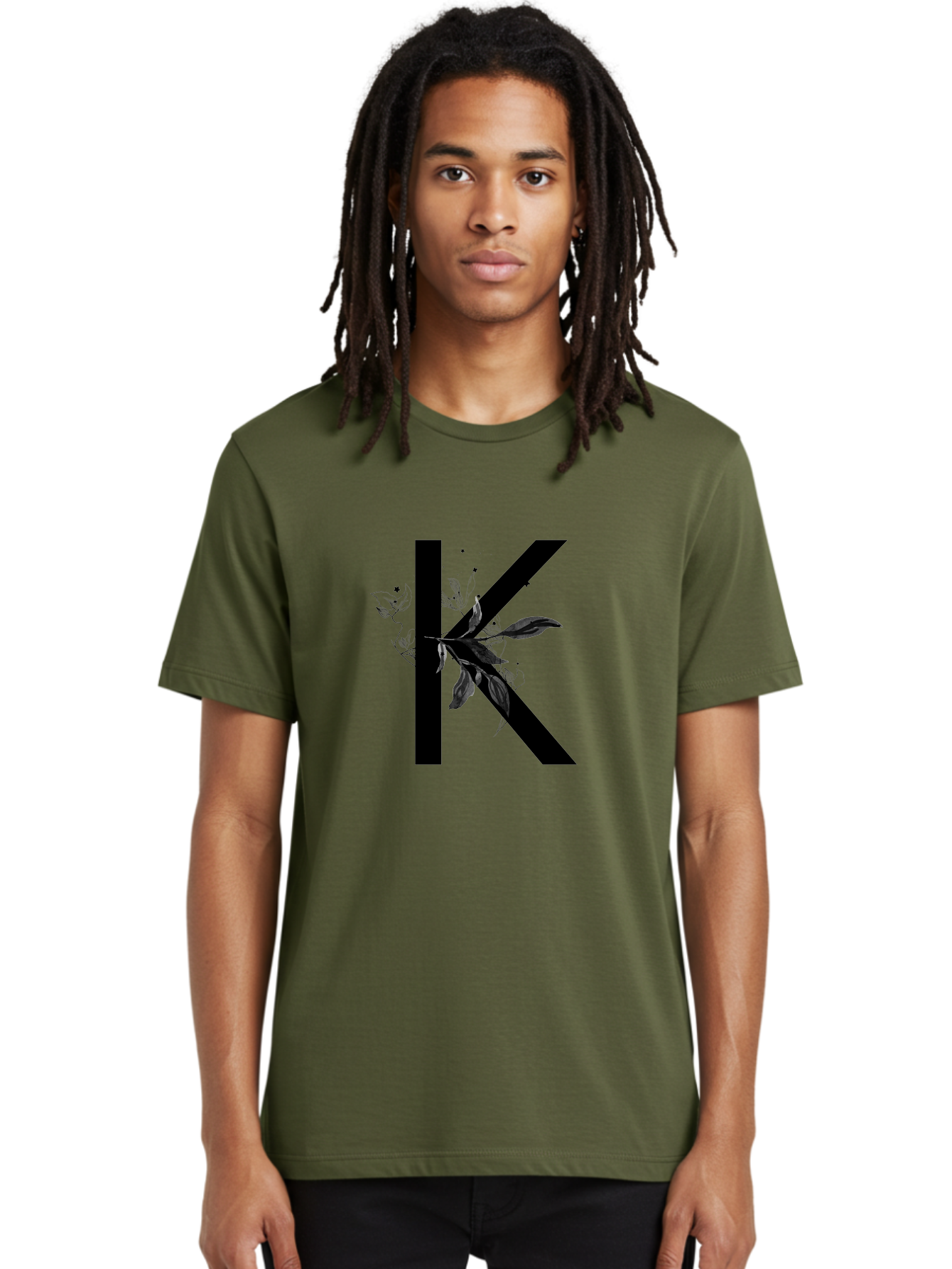 K Men'S Graphic Tee, 100% Cotton, Comfortable Casual Summer Wear, Machine Washable, Floral Letter K, Black Lettering, Leafy Design, Botanical Elements, Elegant Typography, Decorative Alphabet, Modern Floral Aac329
