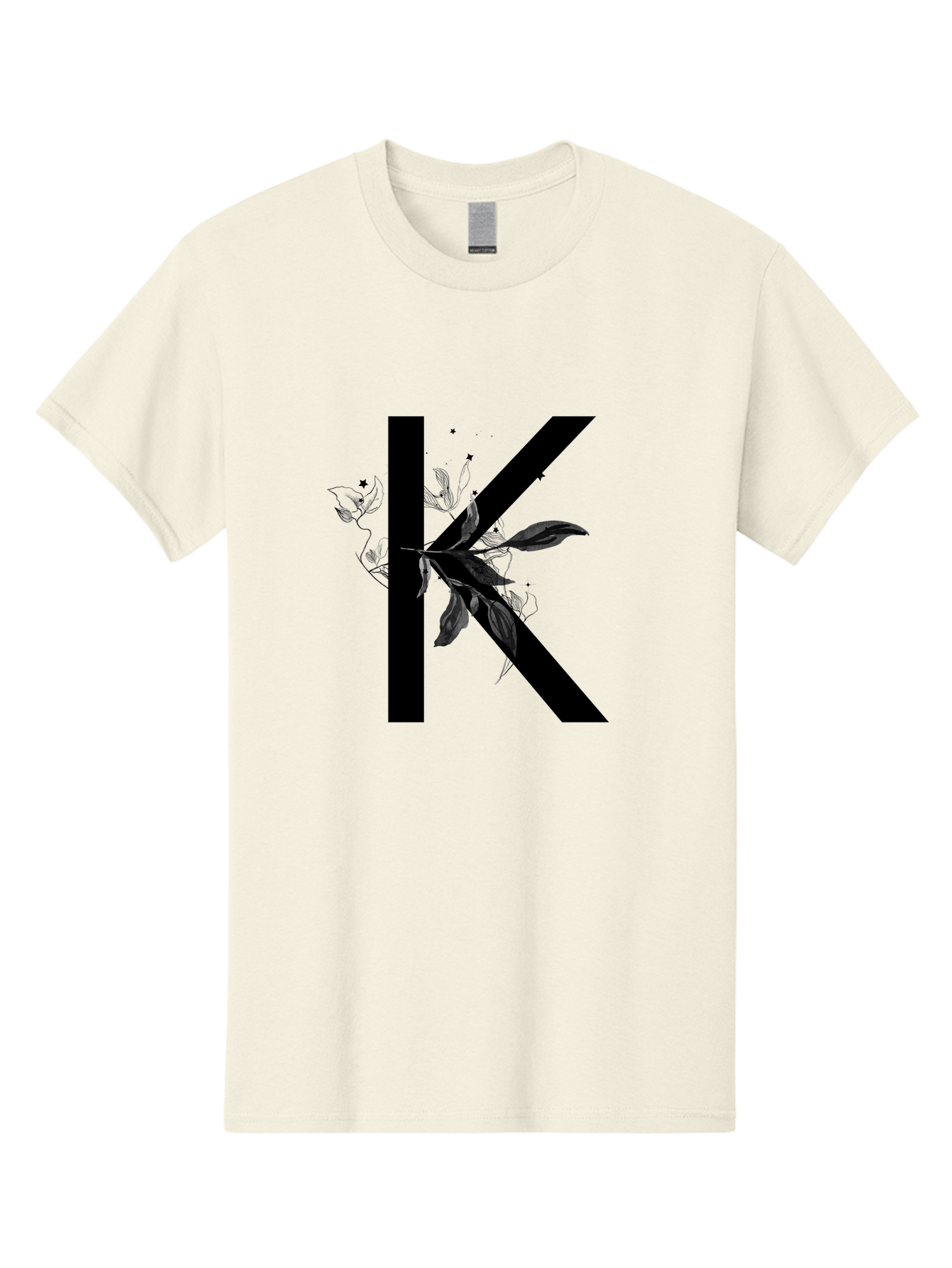 K Men'S Graphic Tee, 100% Cotton, Comfortable Casual Summer Wear, Machine Washable, Floral Letter K, Black Lettering, Leafy Design, Botanical Elements, Elegant Typography, Decorative Alphabet, Modern Floral Aac329