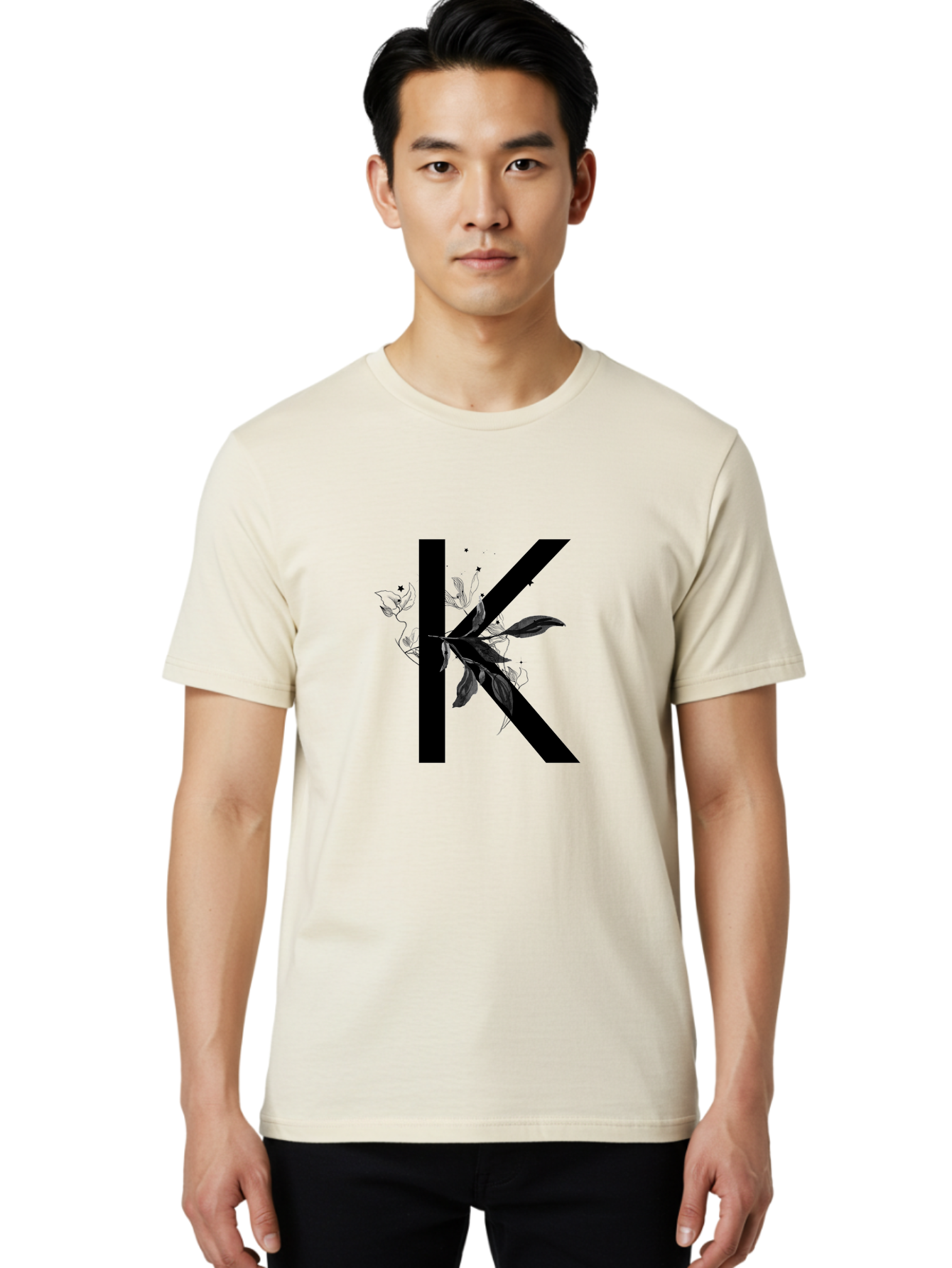 K Men'S Graphic Tee, 100% Cotton, Comfortable Casual Summer Wear, Machine Washable, Floral Letter K, Black Lettering, Leafy Design, Botanical Elements, Elegant Typography, Decorative Alphabet, Modern Floral Aac329