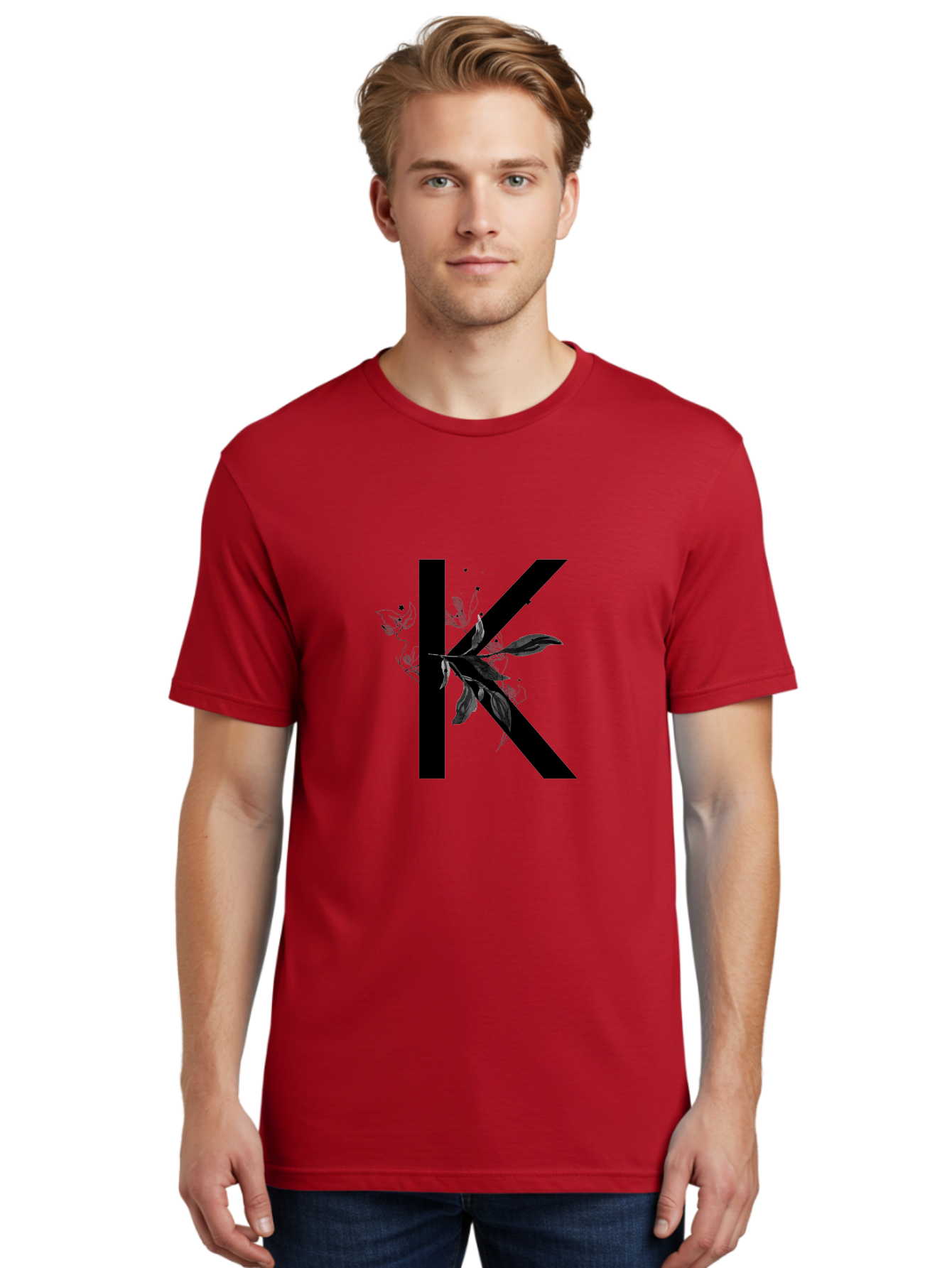 K Men'S Graphic Tee, 100% Cotton, Comfortable Casual Summer Wear, Machine Washable, Floral Letter K, Black Lettering, Leafy Design, Botanical Elements, Elegant Typography, Decorative Alphabet, Modern Floral Aac329