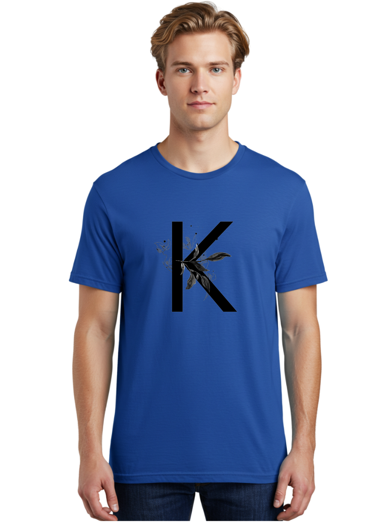 K Men'S Graphic Tee, 100% Cotton, Comfortable Casual Summer Wear, Machine Washable, Floral Letter K, Black Lettering, Leafy Design, Botanical Elements, Elegant Typography, Decorative Alphabet, Modern Floral Aac329