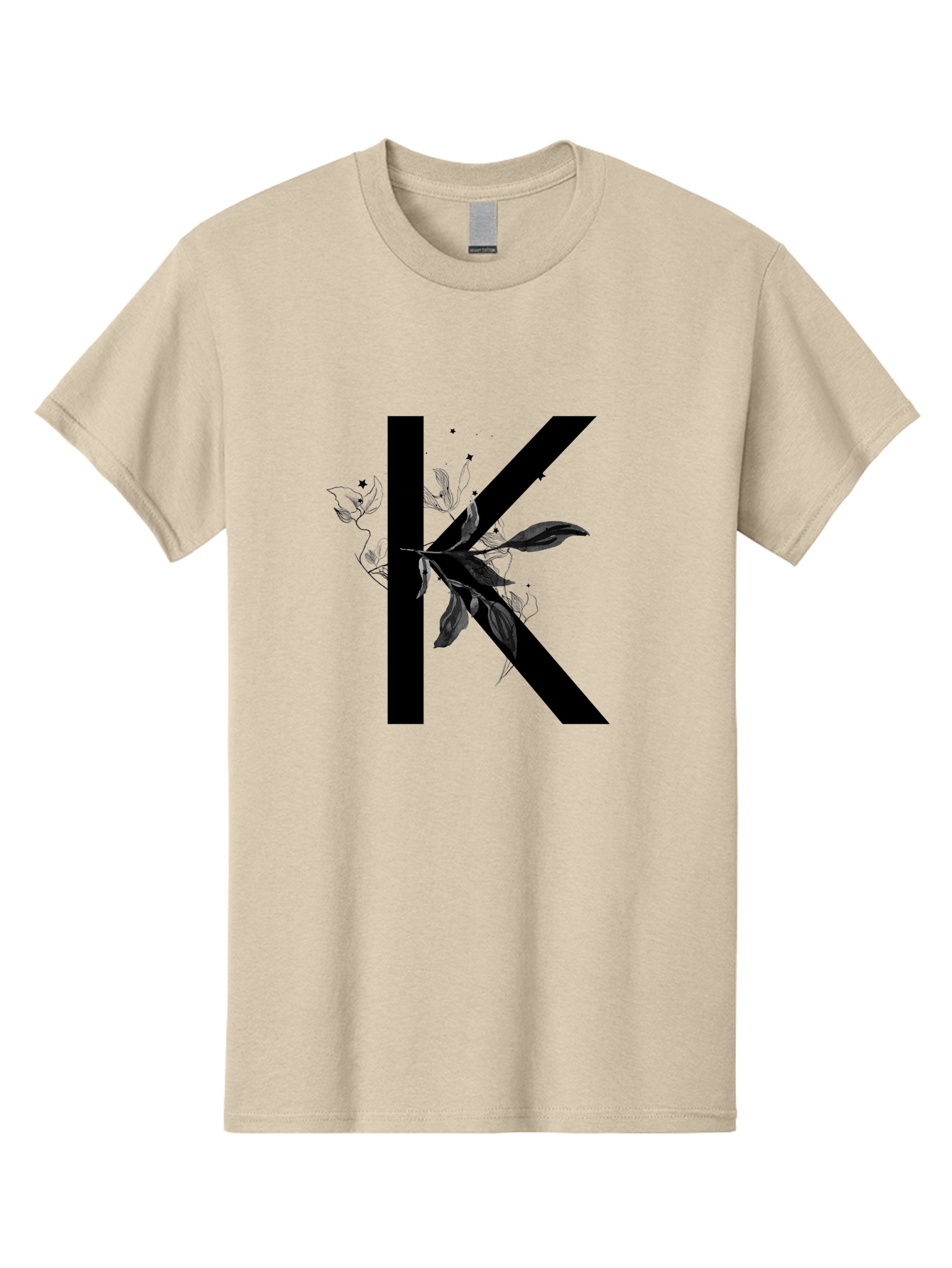 K Men'S Graphic Tee, 100% Cotton, Comfortable Casual Summer Wear, Machine Washable, Floral Letter K, Black Lettering, Leafy Design, Botanical Elements, Elegant Typography, Decorative Alphabet, Modern Floral Aac329