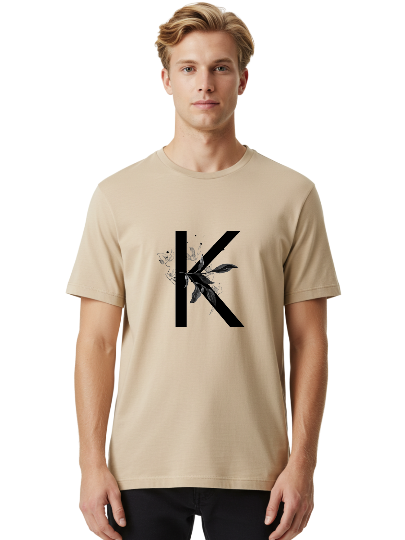 K Men'S Graphic Tee, 100% Cotton, Comfortable Casual Summer Wear, Machine Washable, Floral Letter K, Black Lettering, Leafy Design, Botanical Elements, Elegant Typography, Decorative Alphabet, Modern Floral Aac329