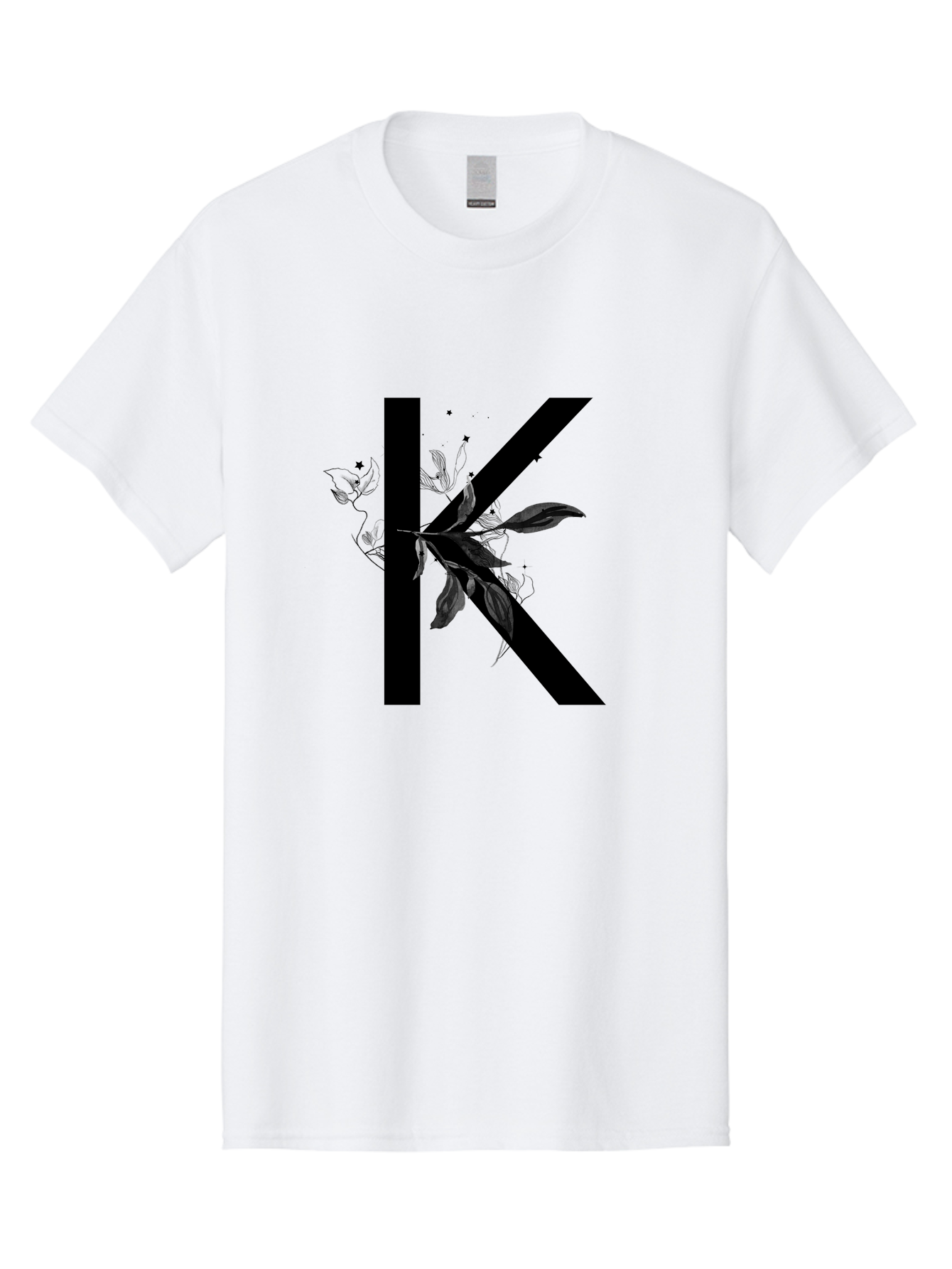 K Men'S Graphic Tee, 100% Cotton, Comfortable Casual Summer Wear, Machine Washable, Floral Letter K, Black Lettering, Leafy Design, Botanical Elements, Elegant Typography, Decorative Alphabet, Modern Floral Aac329