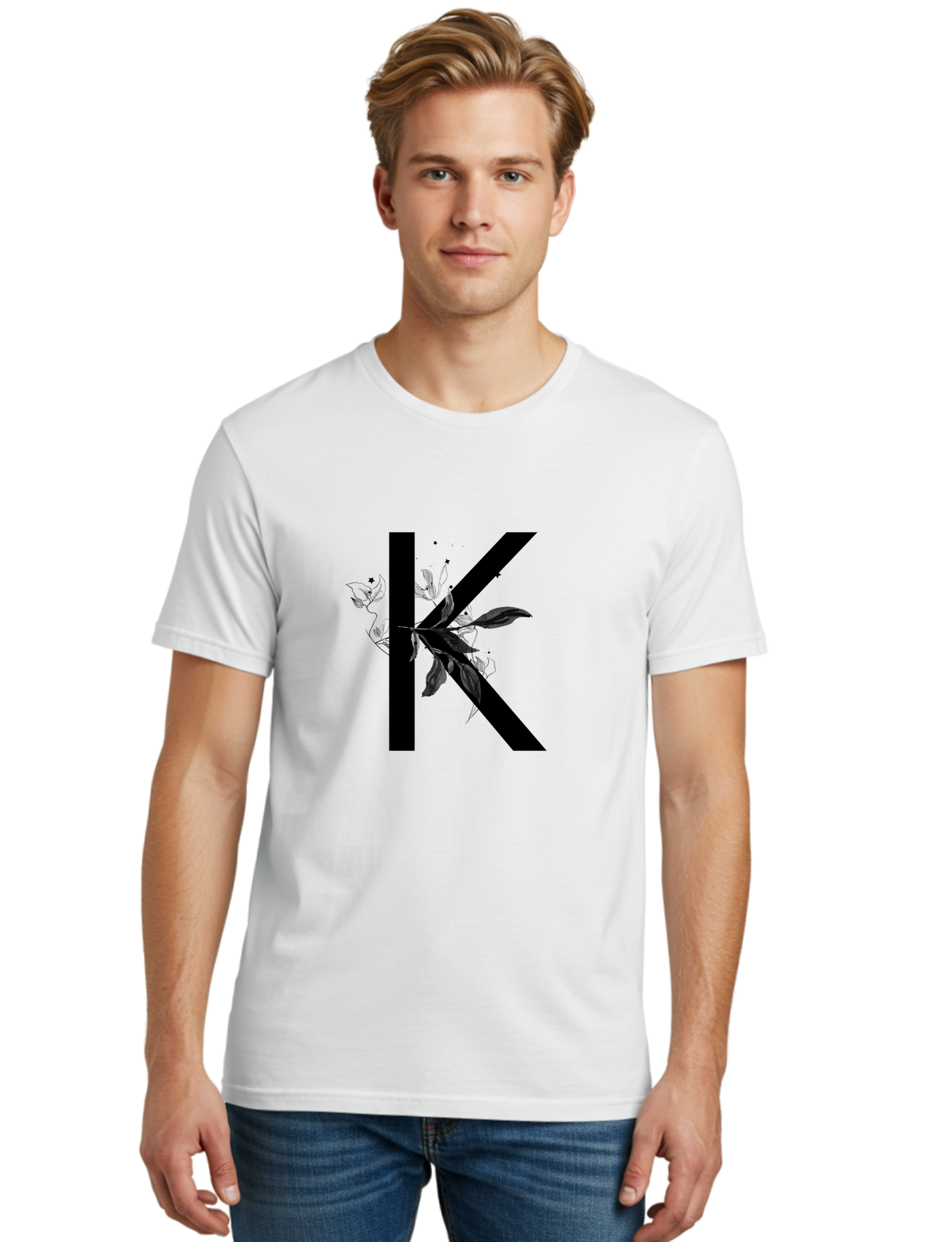 K Men'S Graphic Tee, 100% Cotton, Comfortable Casual Summer Wear, Machine Washable, Floral Letter K, Black Lettering, Leafy Design, Botanical Elements, Elegant Typography, Decorative Alphabet, Modern Floral Aac329